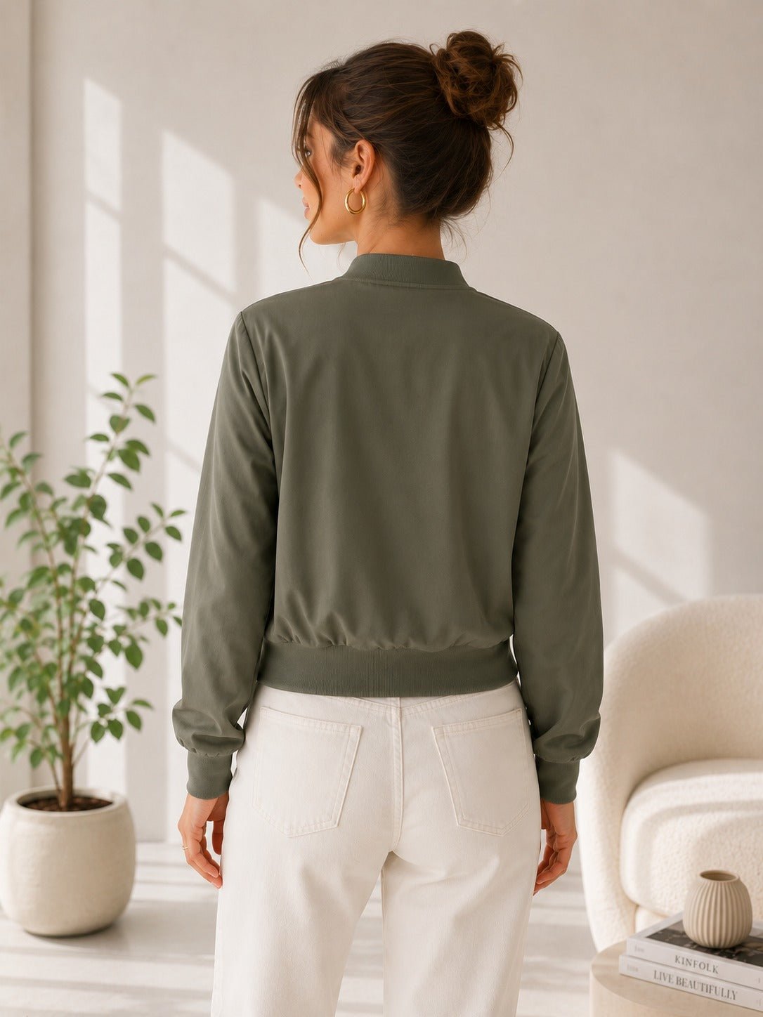 Ladies New Feeling Front Pocket Crop Jacket-Olive - StylePhase SA