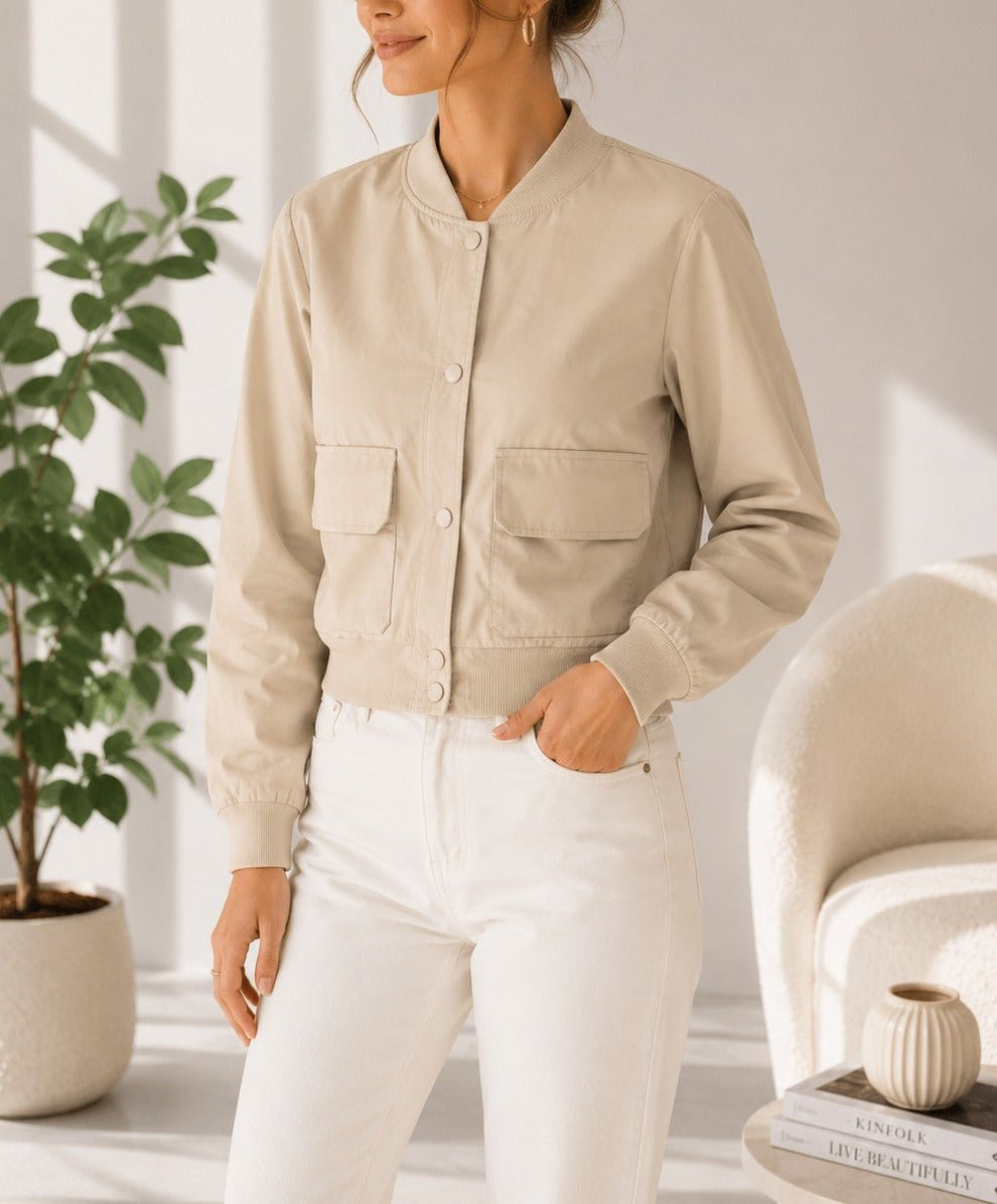 Ladies New Feeling Front Pocket Crop Jacket-Stone - StylePhase SA