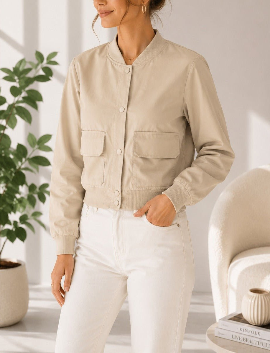 Ladies New Feeling Front Pocket Crop Jacket-Stone - StylePhase SA