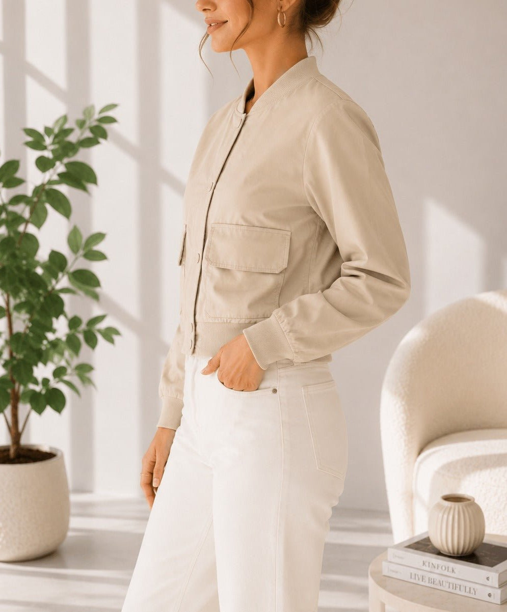 Ladies New Feeling Front Pocket Crop Jacket-Stone - StylePhase SA