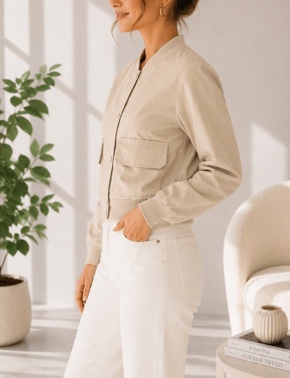 Ladies New Feeling Front Pocket Crop Jacket-Stone - StylePhase SA