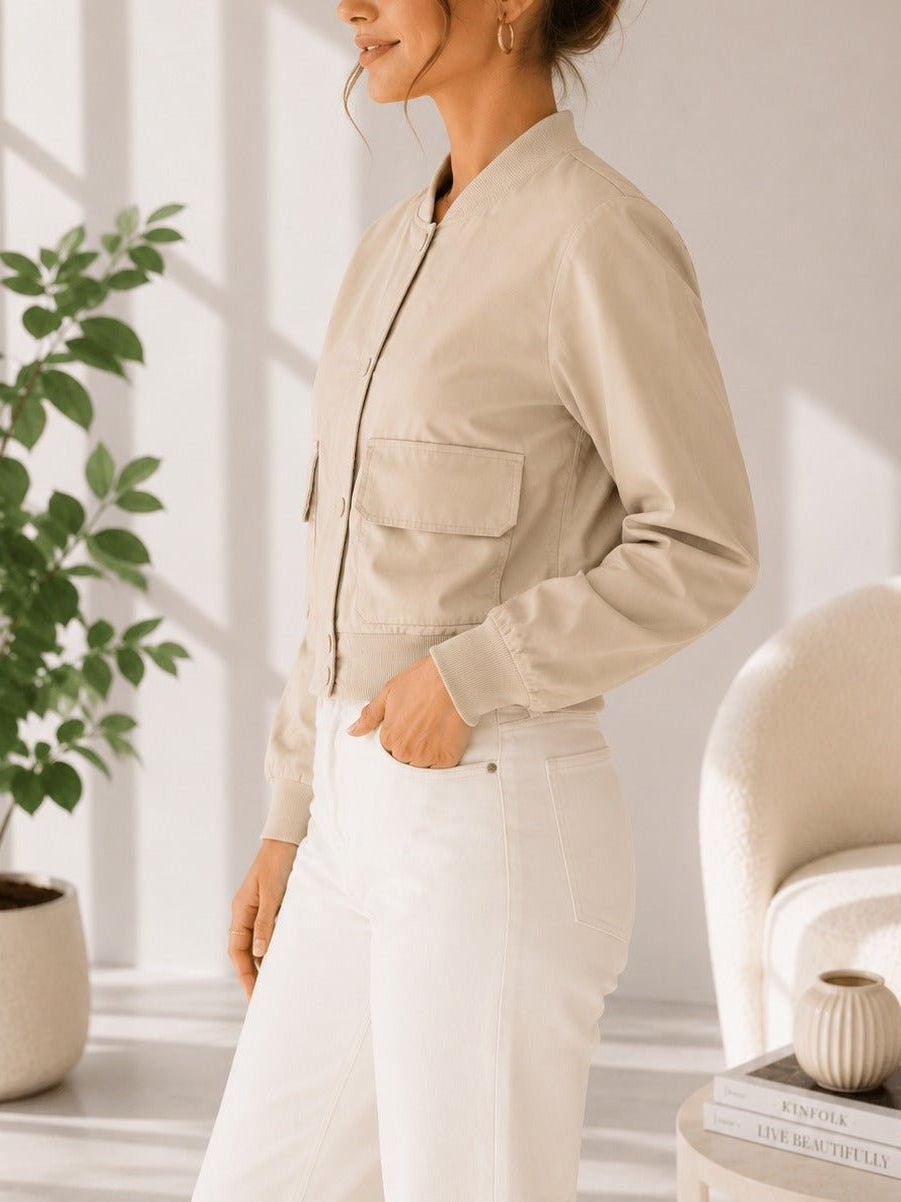 Ladies New Feeling Front Pocket Crop Jacket-Stone - StylePhase SA