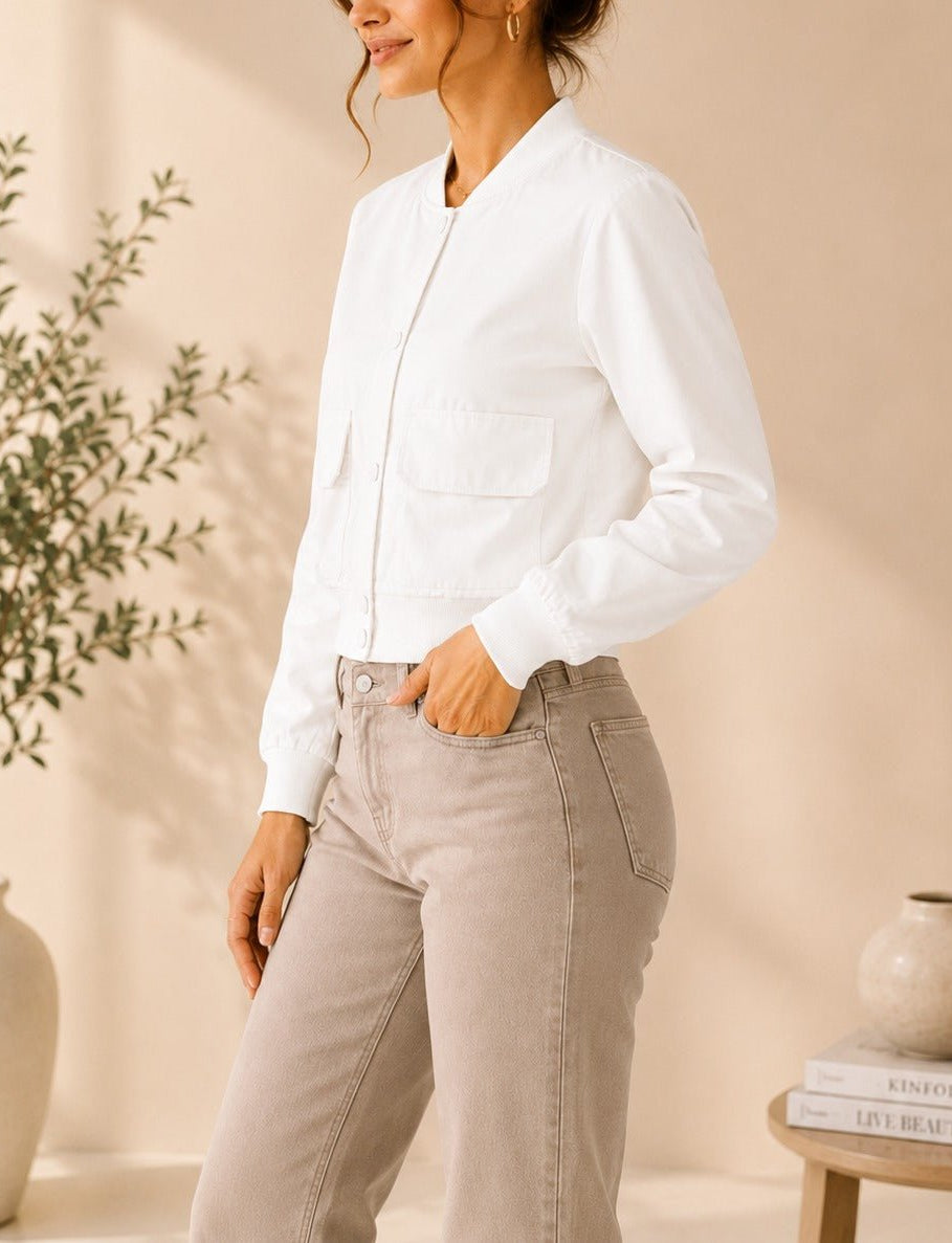 Ladies New Feeling Front Pocket Crop Jacket-White - StylePhase SA