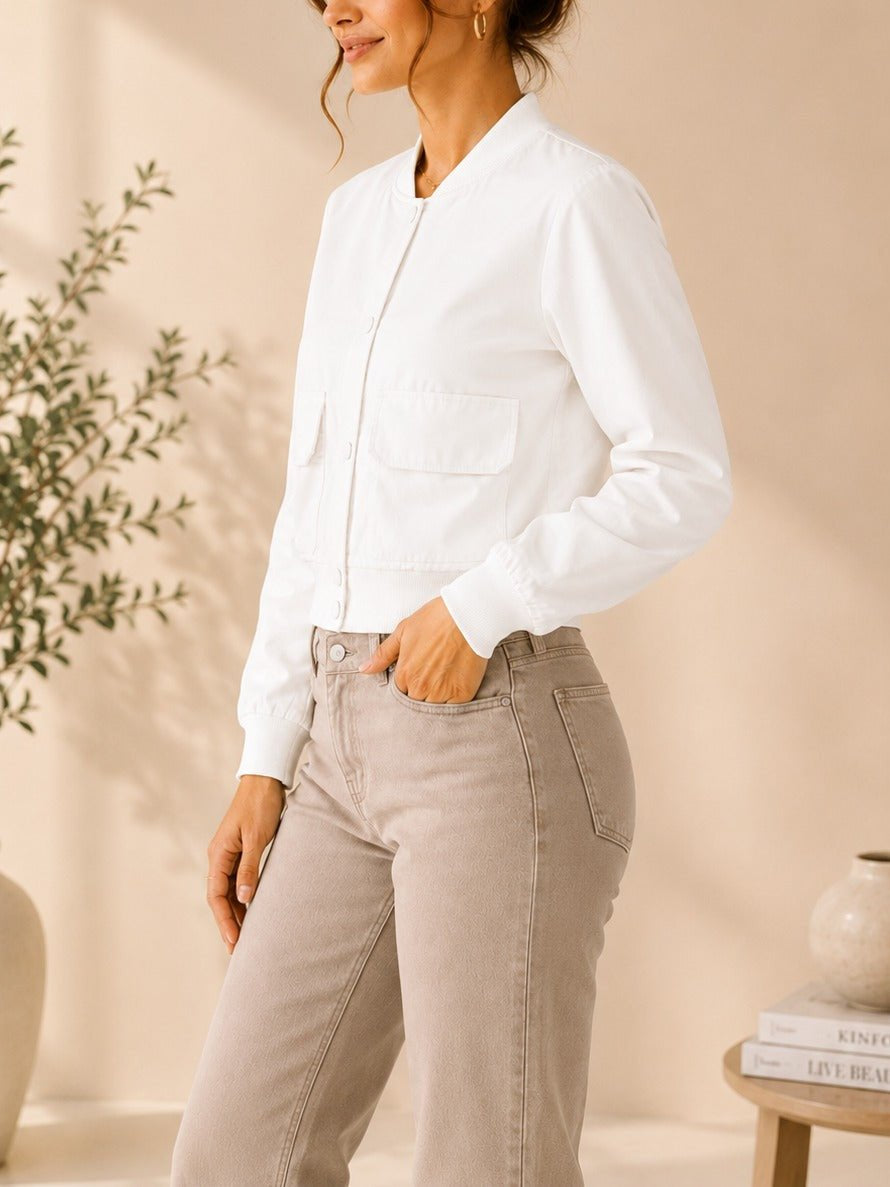 Ladies New Feeling Front Pocket Crop Jacket-White - StylePhase SA