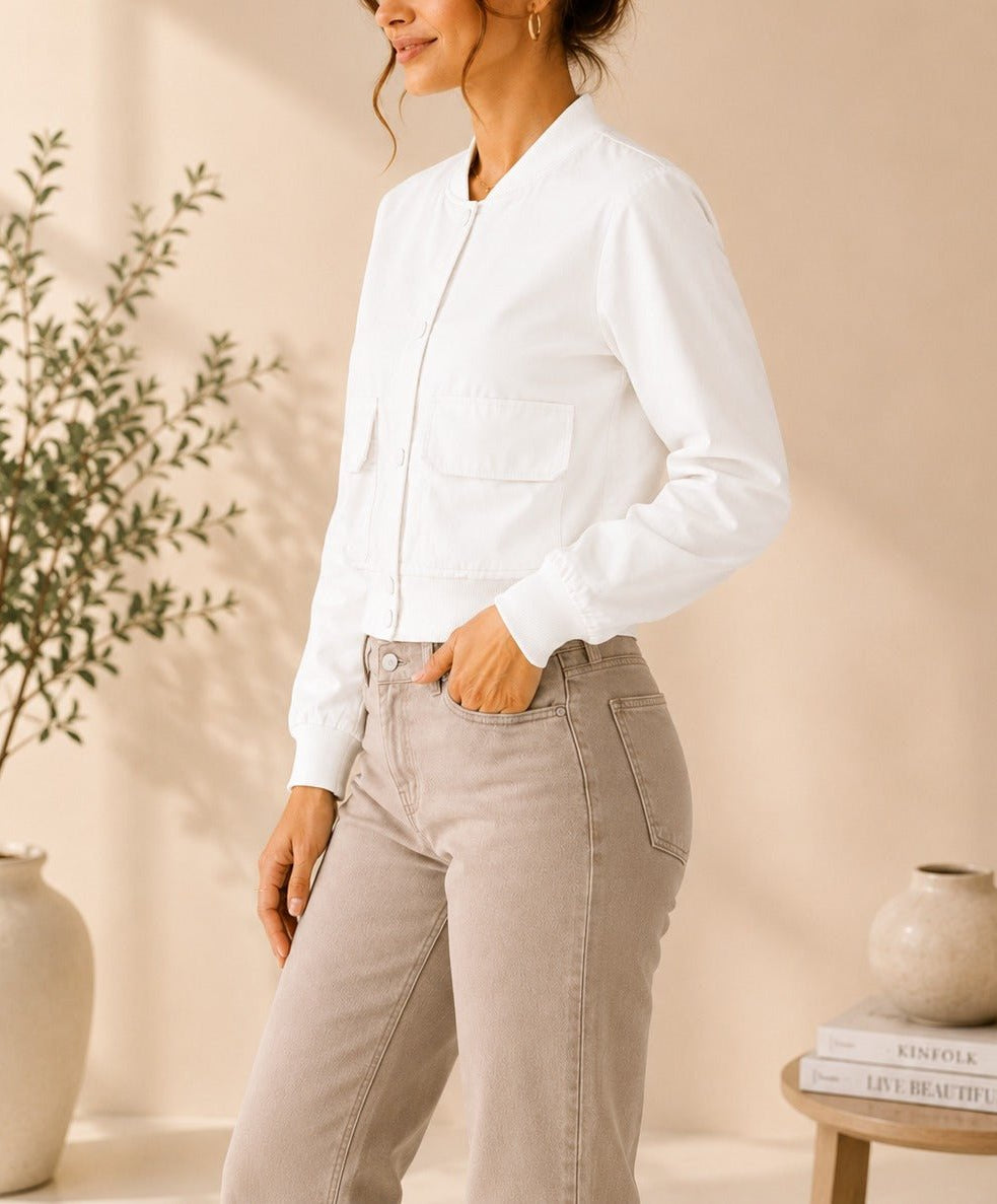 Ladies New Feeling Front Pocket Crop Jacket-White - StylePhase SA