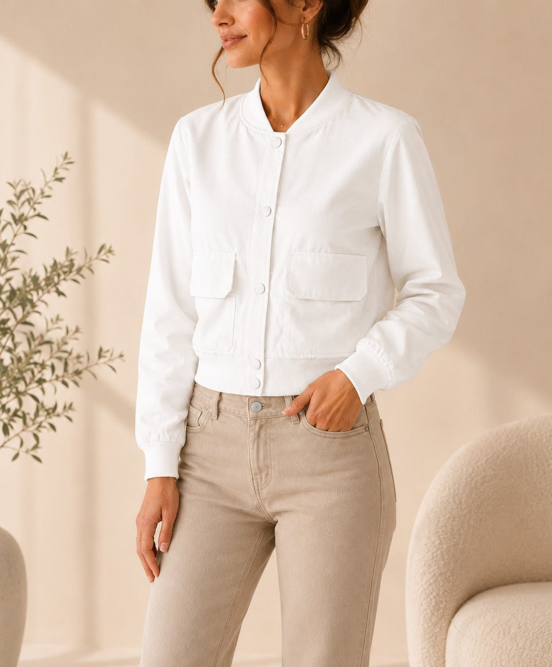 Ladies New Feeling Front Pocket Crop Jacket-White - StylePhase SA