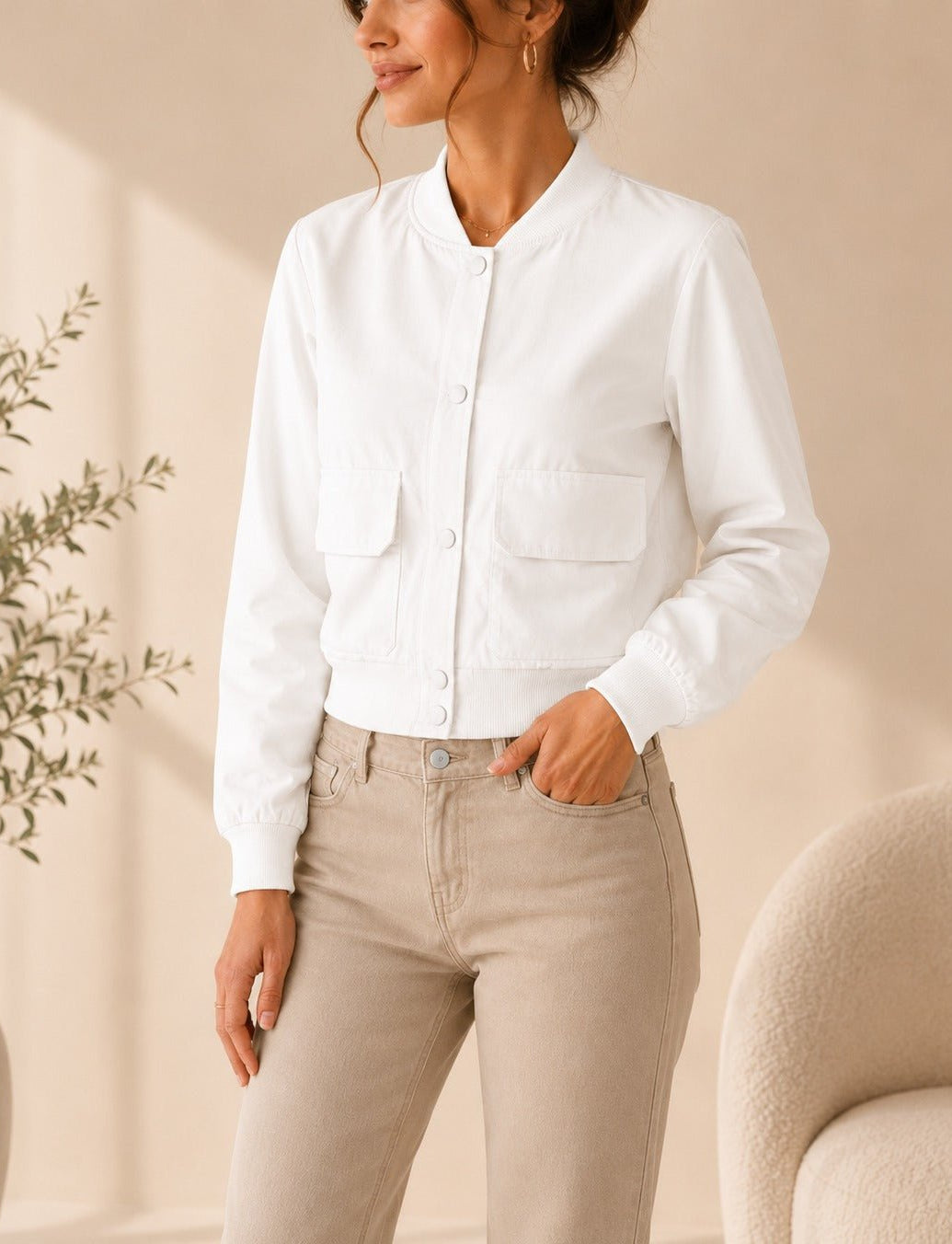 Ladies New Feeling Front Pocket Crop Jacket-White - StylePhase SA
