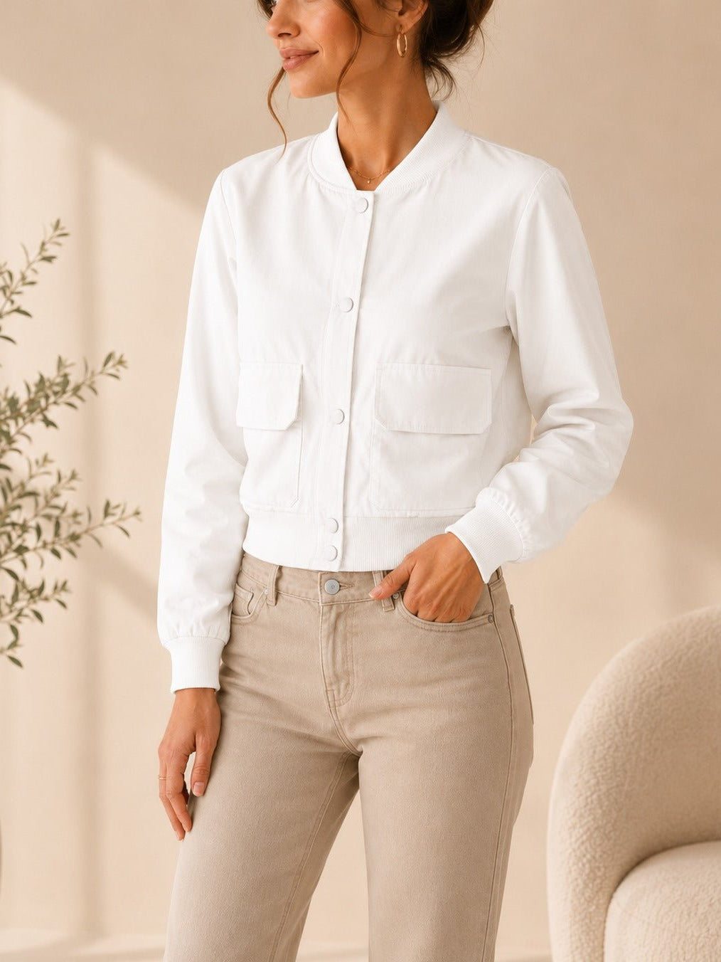 Ladies New Feeling Front Pocket Crop Jacket-White - StylePhase SA