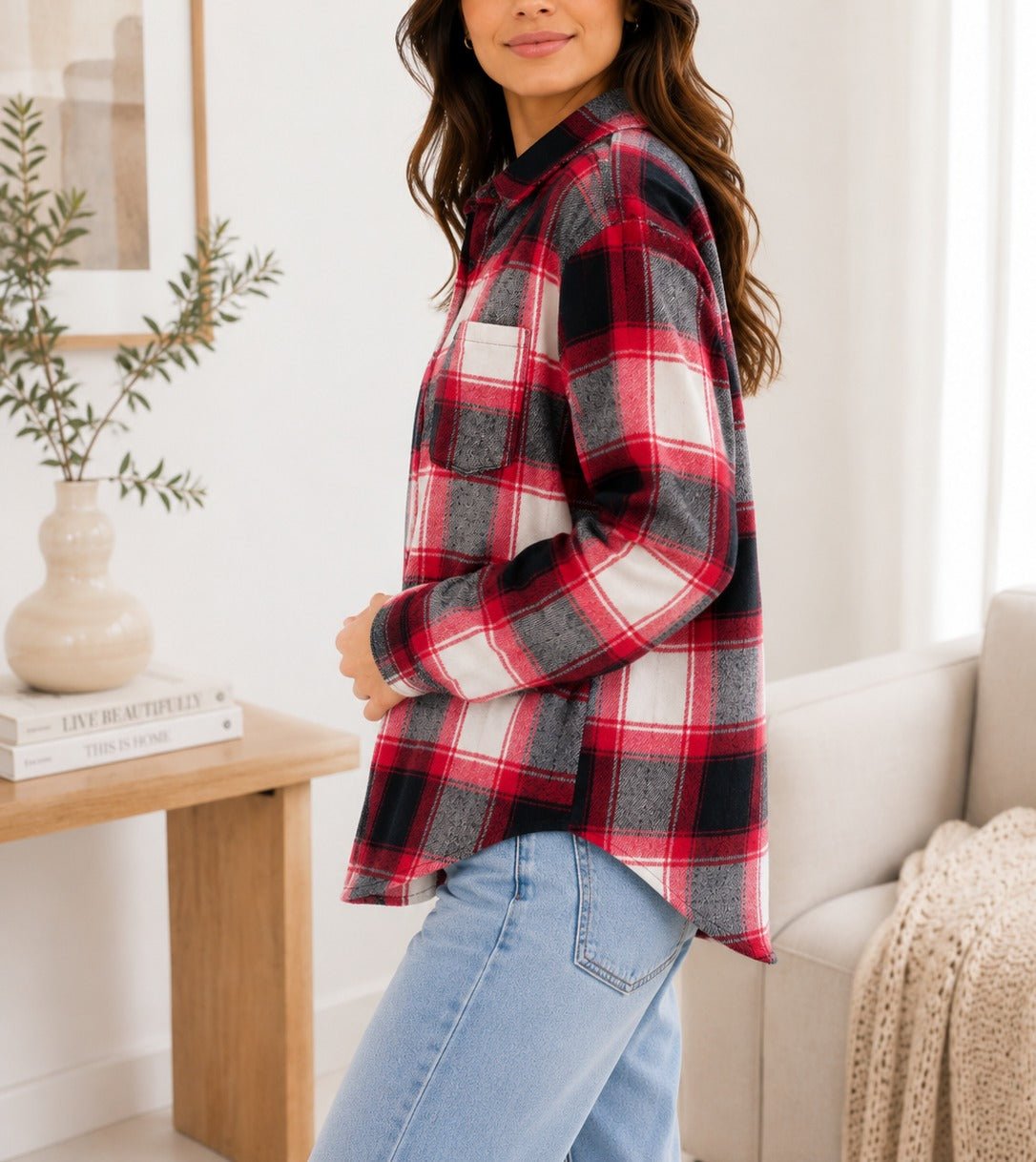 Ladies New Feeling Fur Lined Shacket- Red And White - StylePhase SA