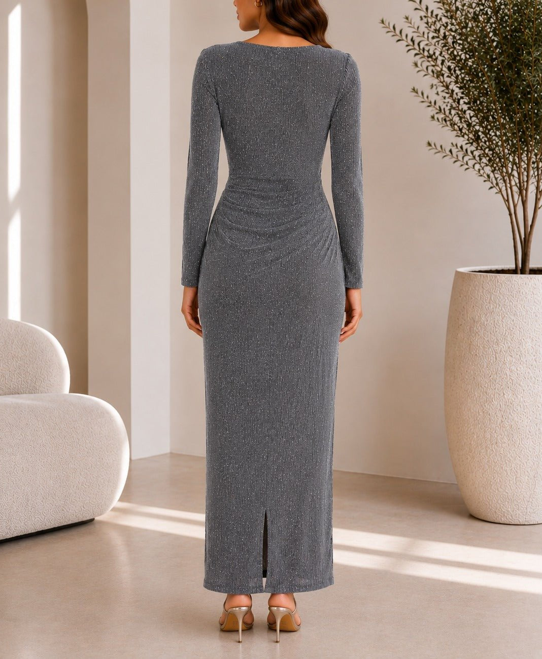Ladies New Feeling Grey Rhinestone Ruched Maxi Dress - StylePhase SA