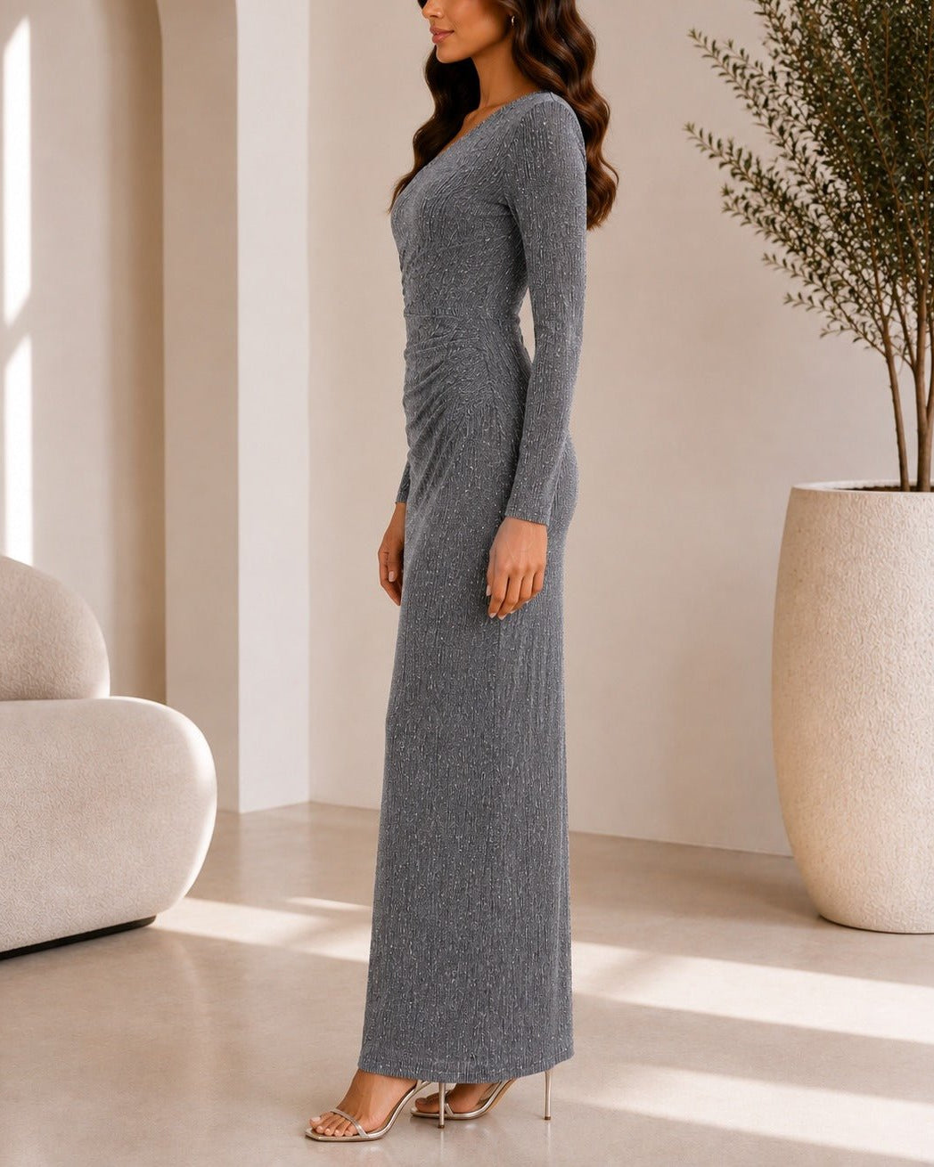 Ladies New Feeling Grey Rhinestone Ruched Maxi Dress - StylePhase SA