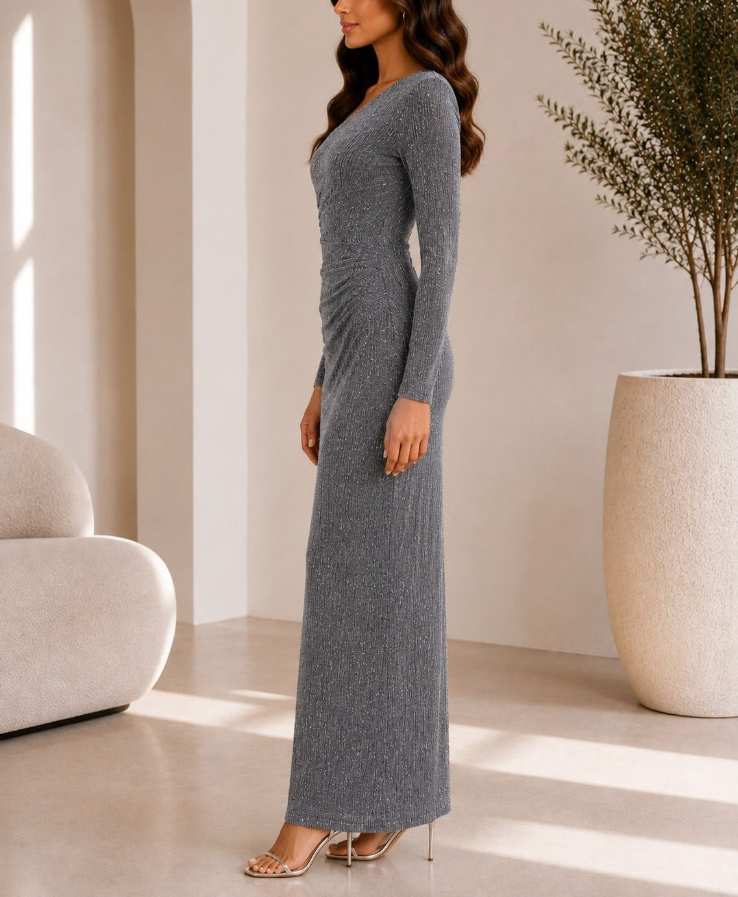 Ladies New Feeling Grey Rhinestone Ruched Maxi Dress - StylePhase SA