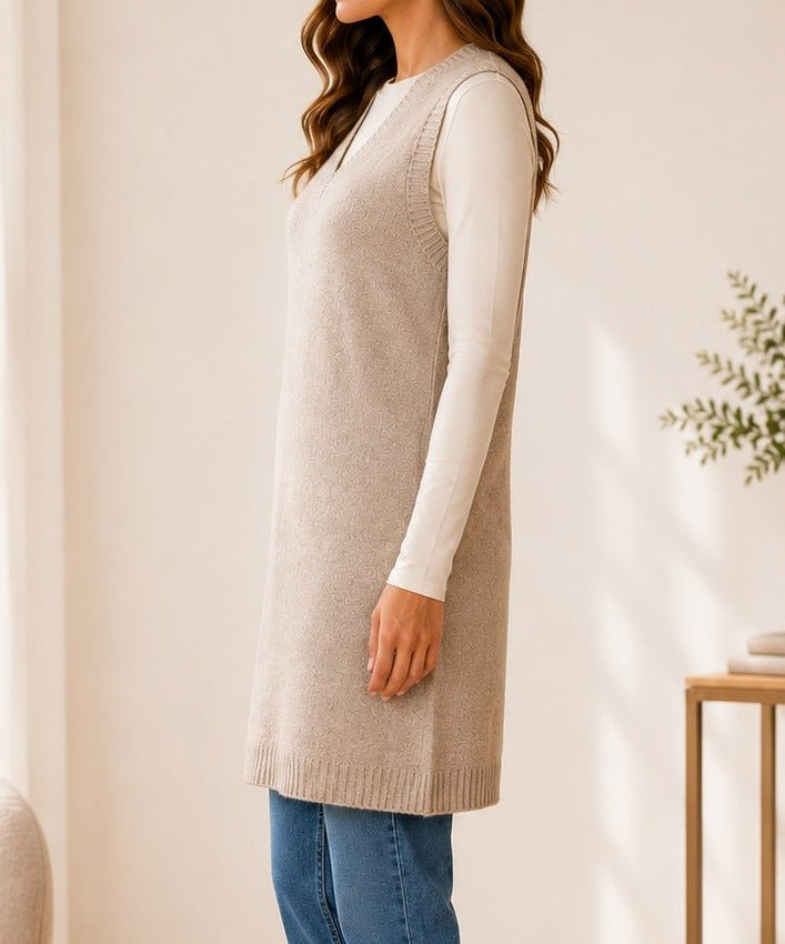 Ladies New Feeling Jersey Sleeveless Cardigan-Biege - StylePhase SA