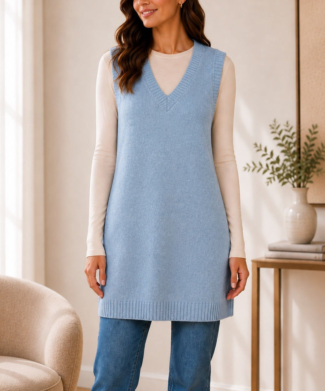 Ladies New Feeling Jersey Sleeveless Cardigan-Blue - StylePhase SA