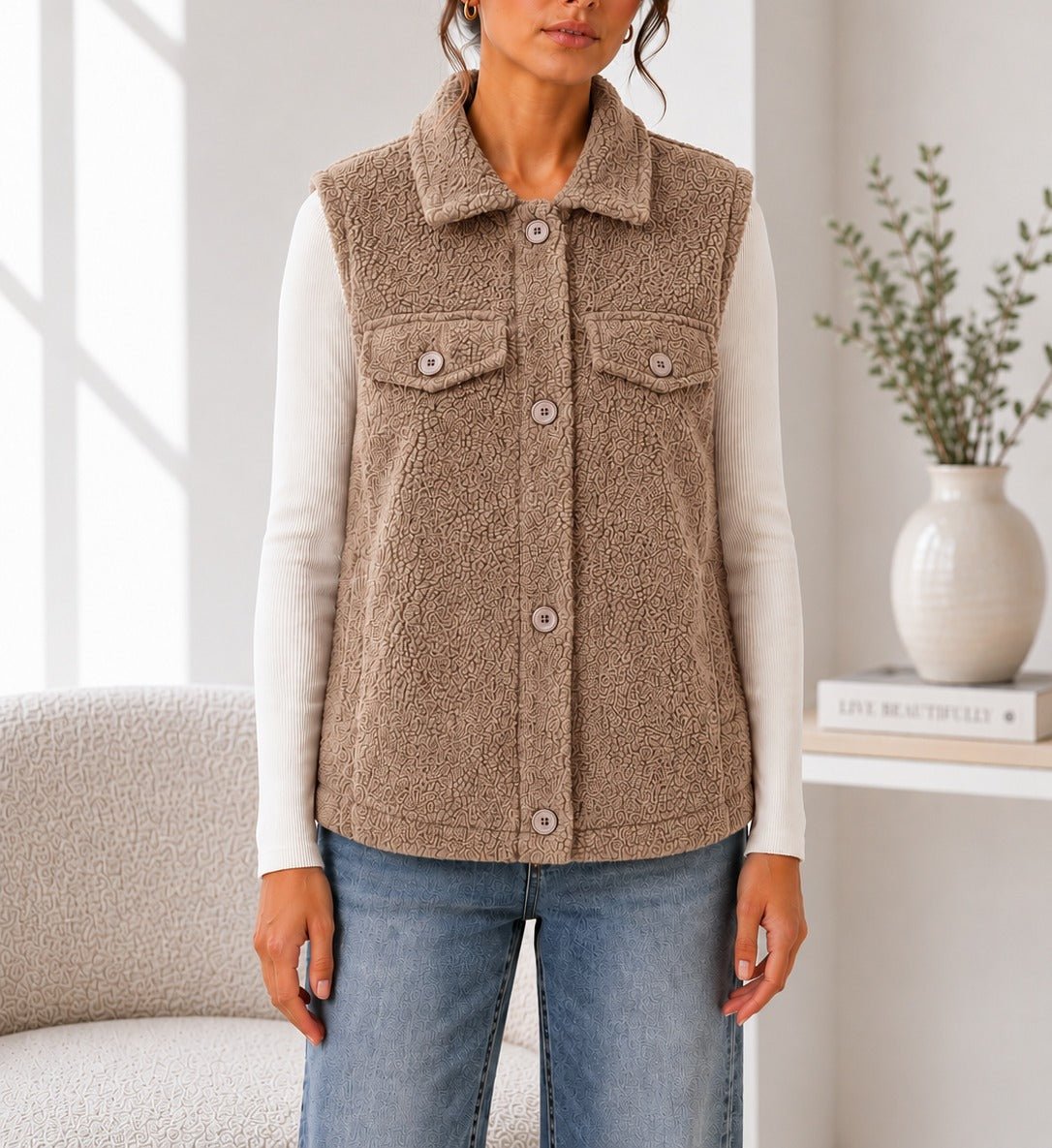 Ladies New Feeling Light Brown Fur Lined Bodywarmer - StylePhase SA