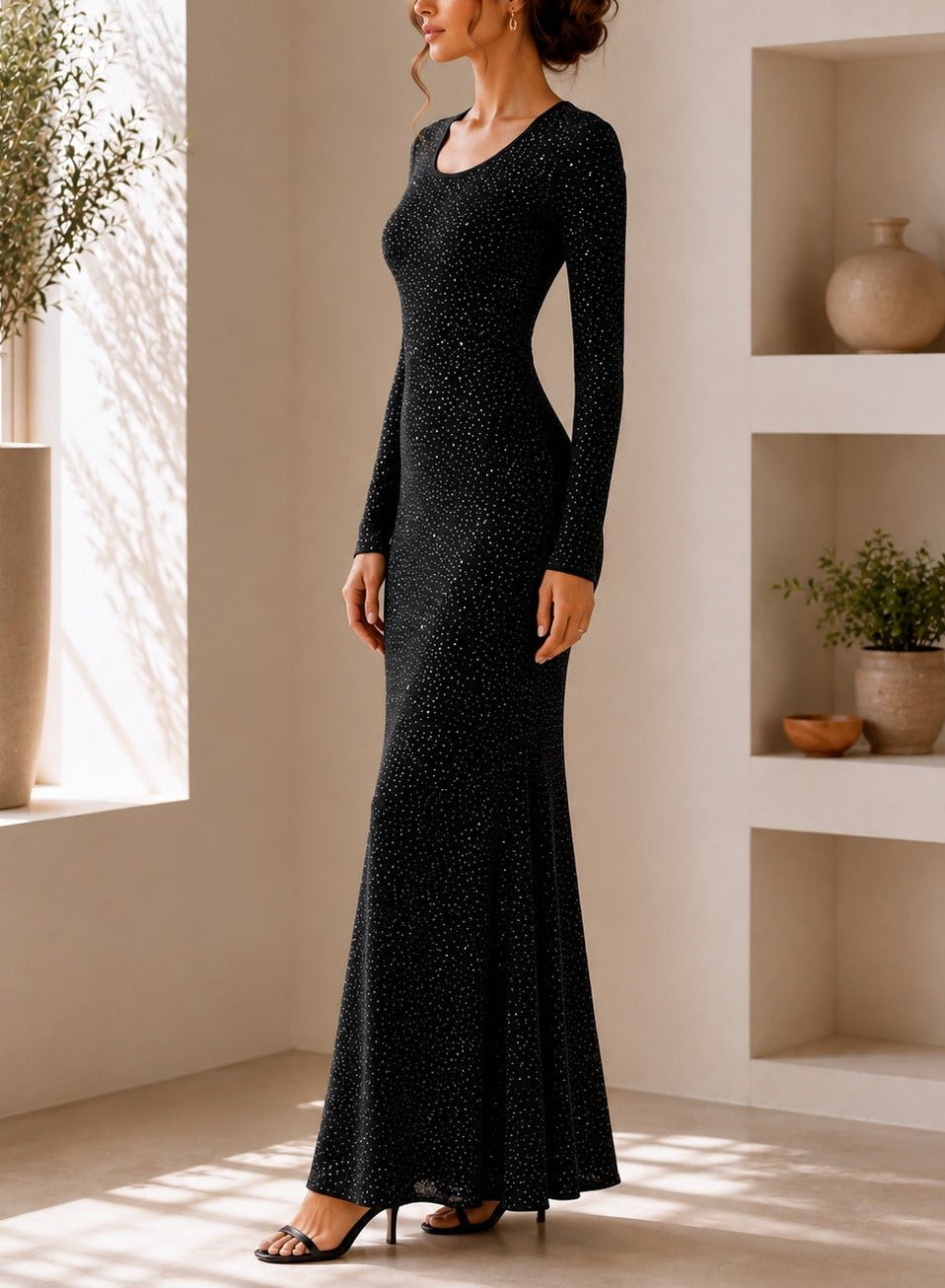 Ladies New Feeling Long Sleeve Embossed Dress-Black - StylePhase SA
