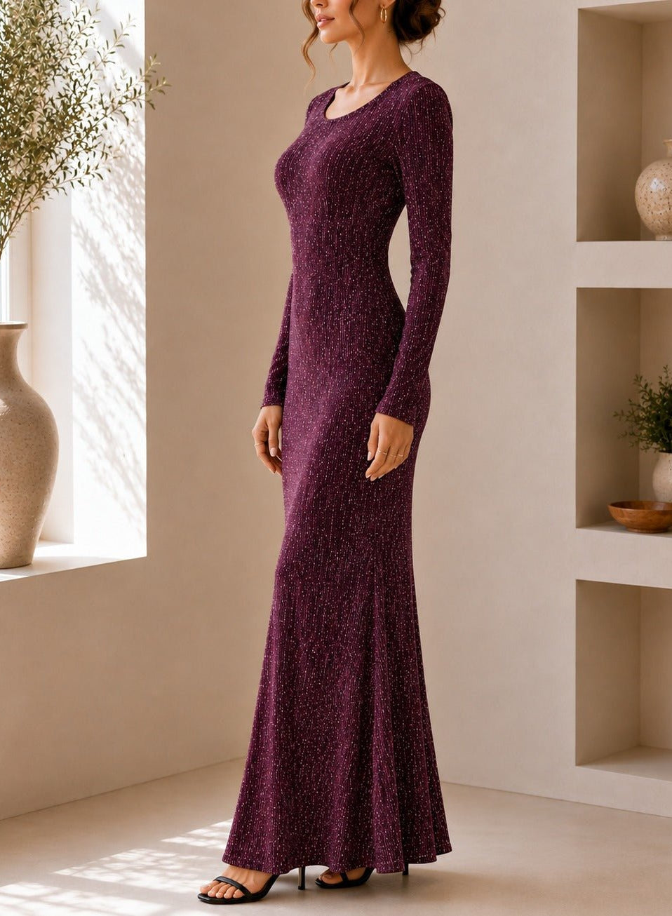 Ladies New Feeling Long Sleeve Embossed Dress-Maroon - StylePhase SA