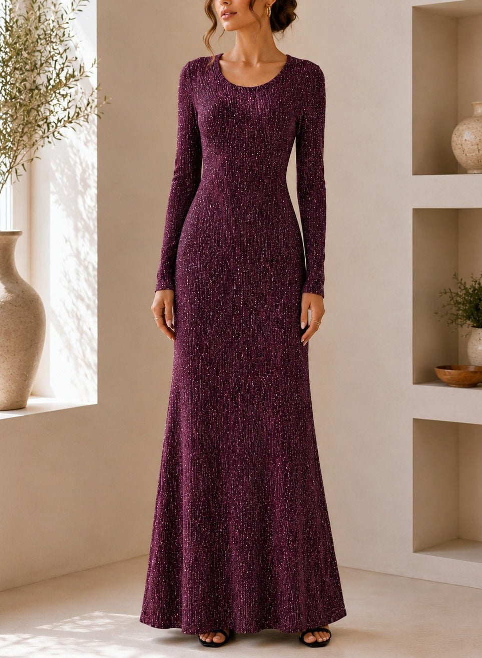 Ladies New Feeling Long Sleeve Embossed Dress-Maroon - StylePhase SA