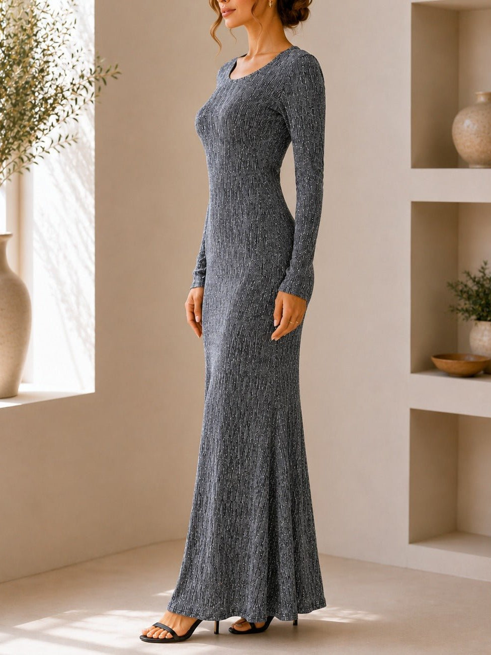 Ladies New Feeling Long Sleeve Embossed Dress-Silver - StylePhase SA
