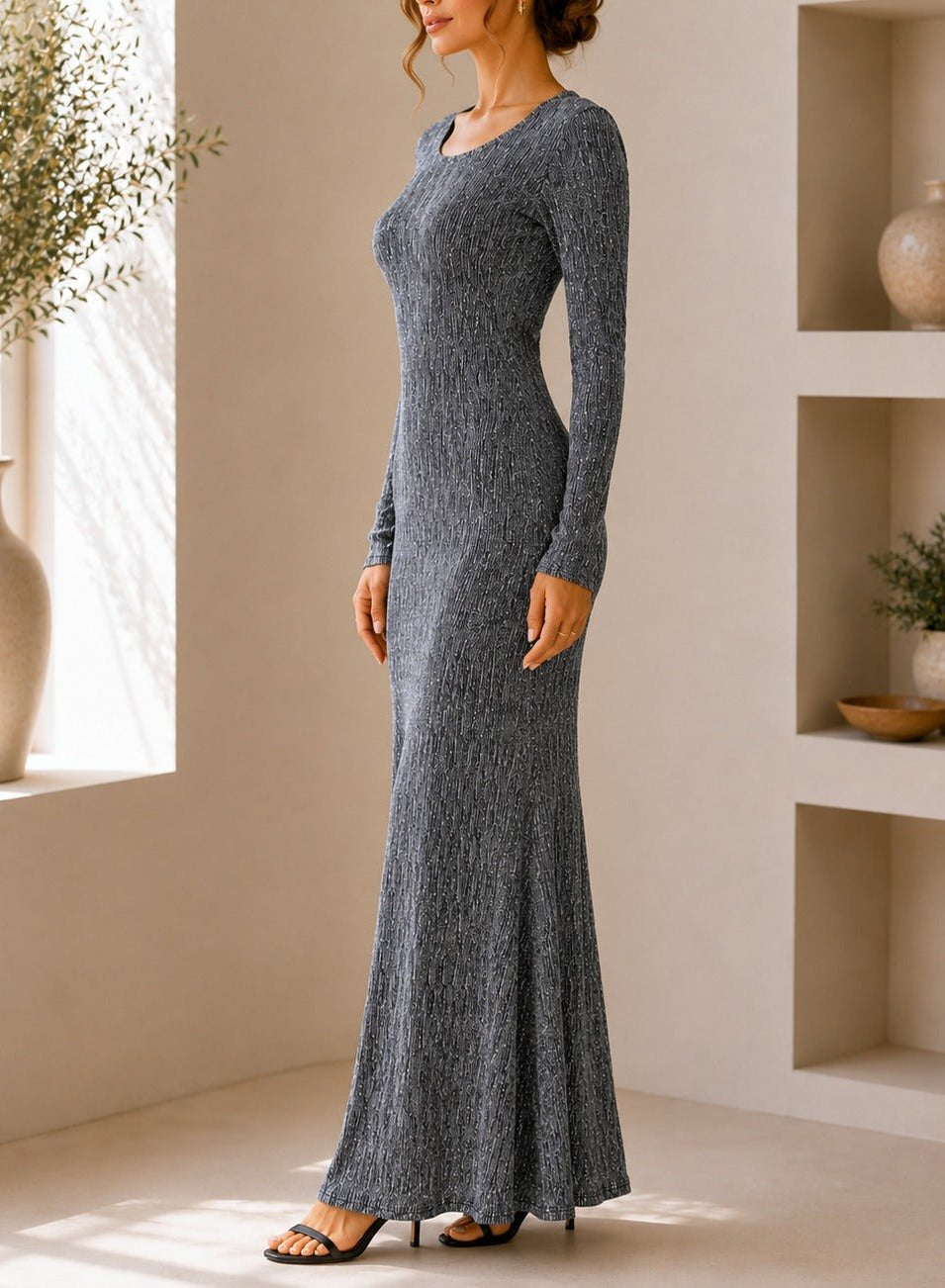 Ladies New Feeling Long Sleeve Embossed Dress-Silver - StylePhase SA