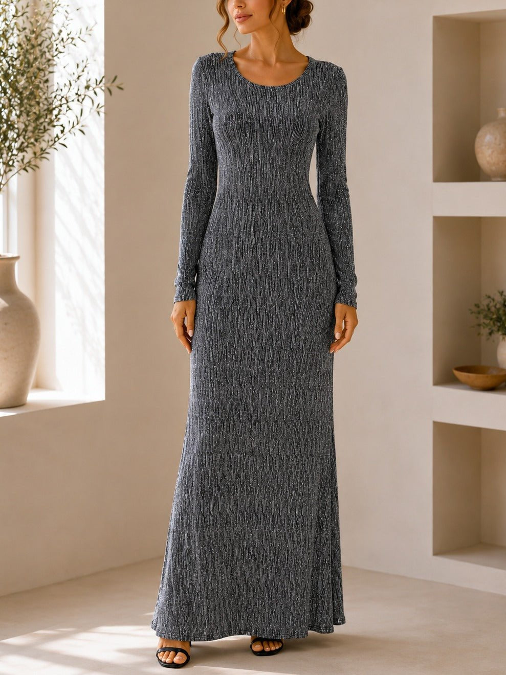 Ladies New Feeling Long Sleeve Embossed Dress-Silver - StylePhase SA