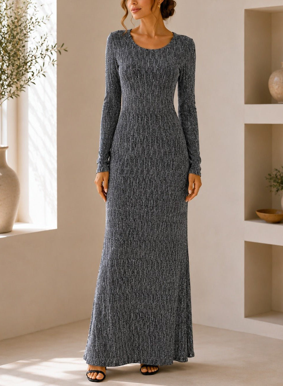 Ladies New Feeling Long Sleeve Embossed Dress-Silver - StylePhase SA