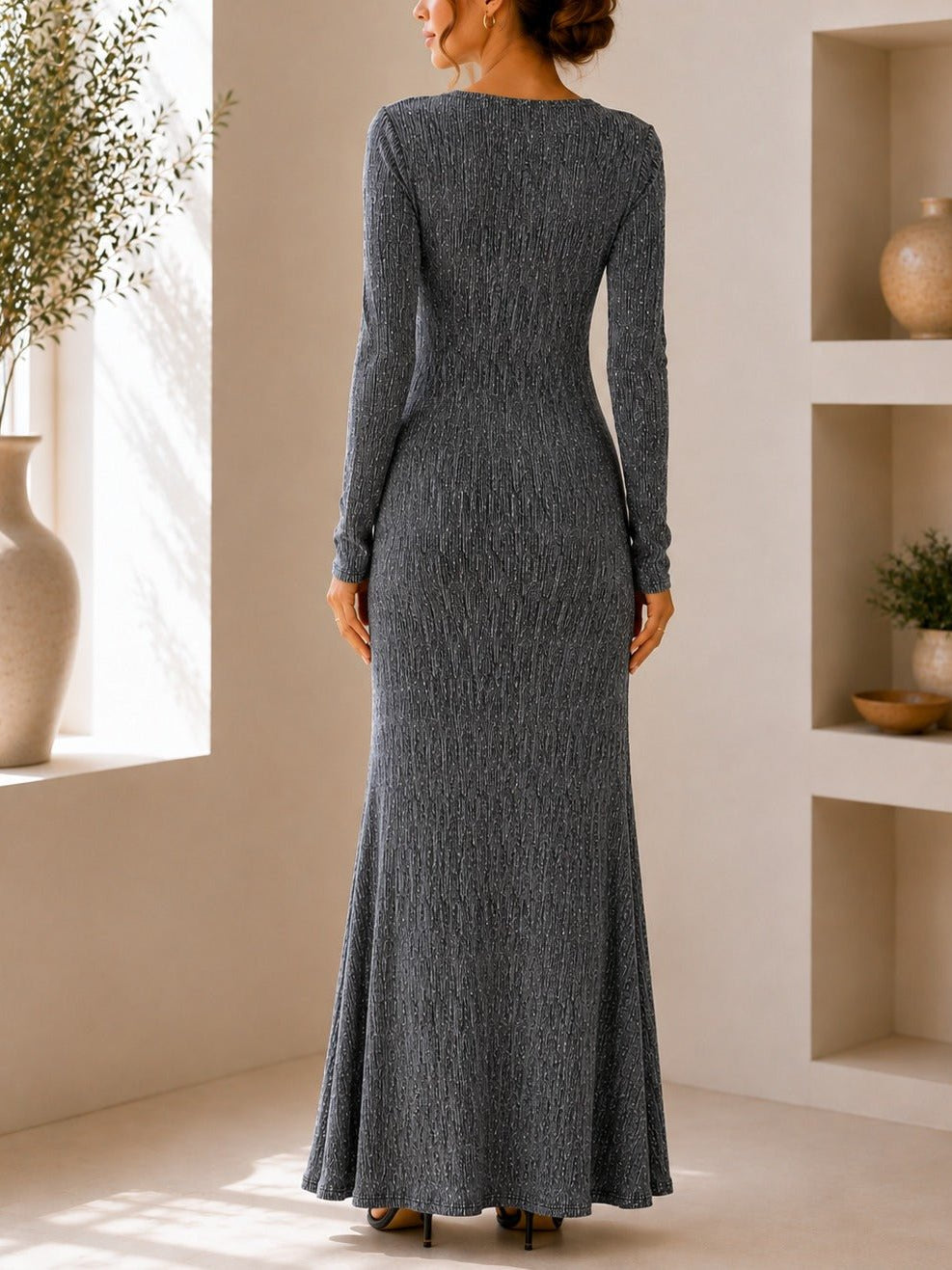 Ladies New Feeling Long Sleeve Embossed Dress-Silver - StylePhase SA