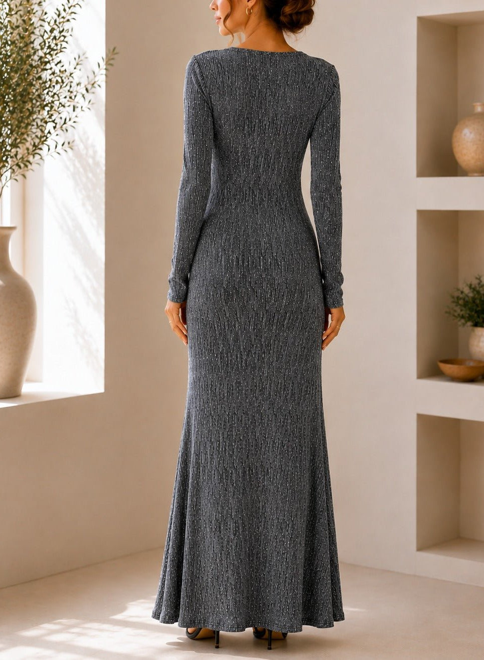 Ladies New Feeling Long Sleeve Embossed Dress-Silver - StylePhase SA