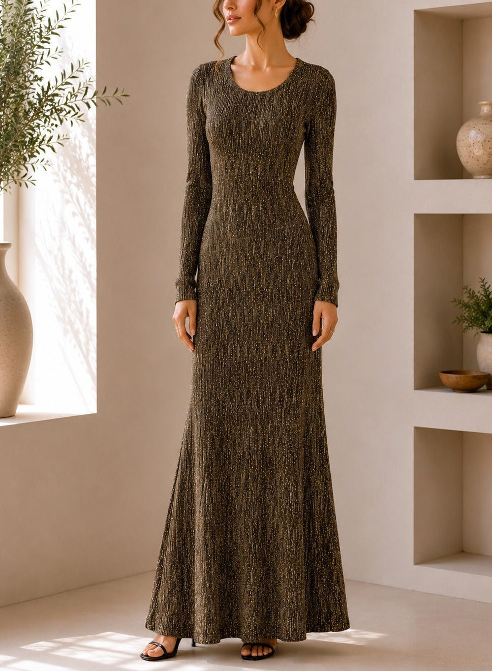 Ladies New Feeling Long Sleeve Embossed Dress-Yellow Gold - StylePhase SA