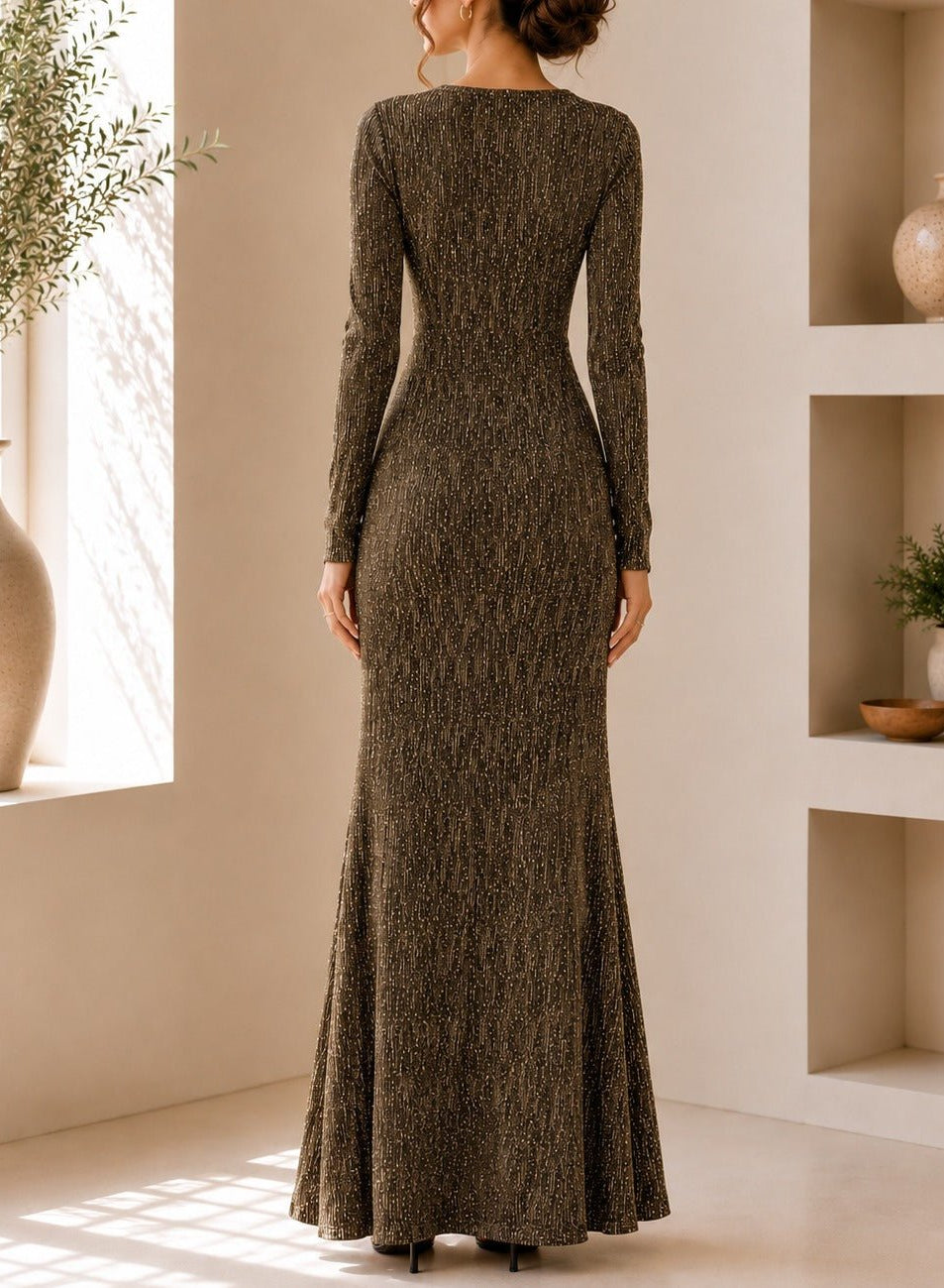 Ladies New Feeling Long Sleeve Embossed Dress-Yellow Gold - StylePhase SA