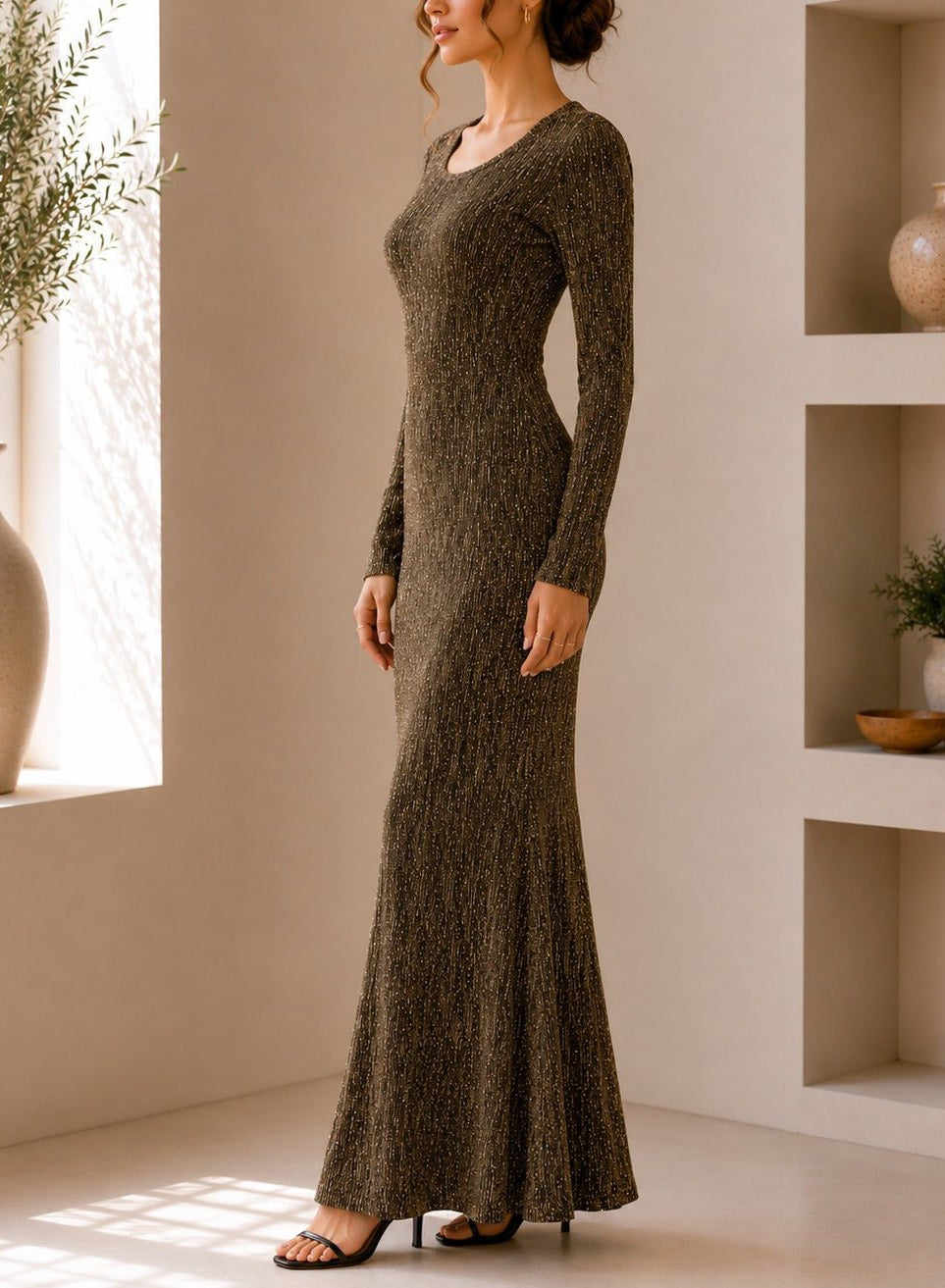 Ladies New Feeling Long Sleeve Embossed Dress-Yellow Gold - StylePhase SA