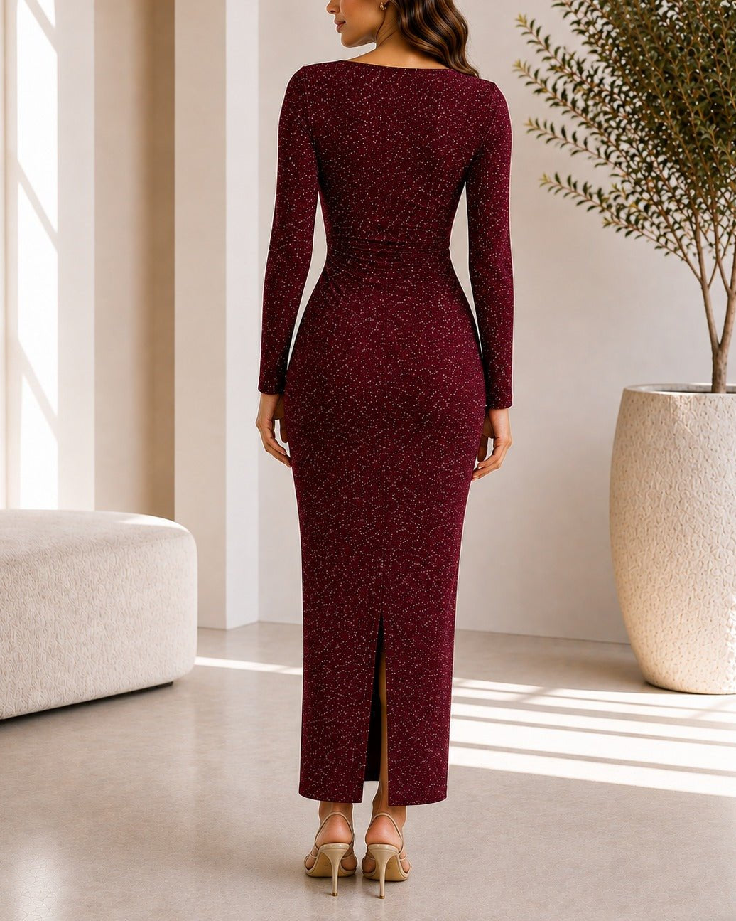 Ladies New Feeling Maroon Rhinestone Ruched Maxi Dress - StylePhase SA