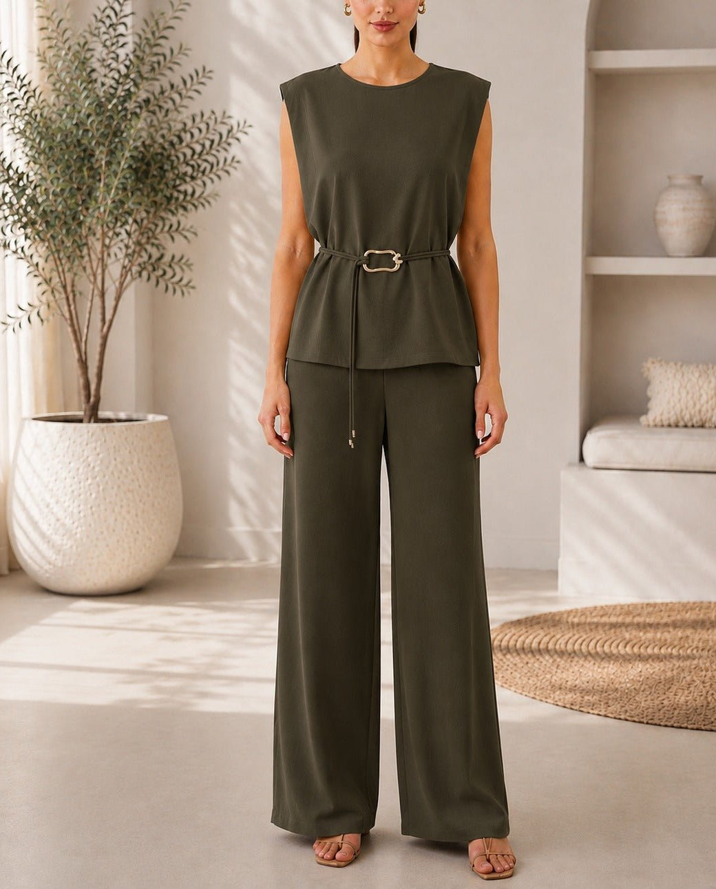 Ladies New Feeling Olive Buckle Detail Sleeveless Two-Piece Set - StylePhase SA