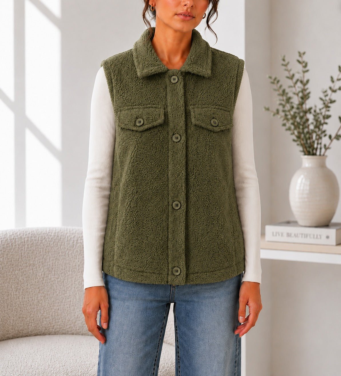 Ladies New Feeling Olive Fur Lined Bodywarmer - StylePhase SA