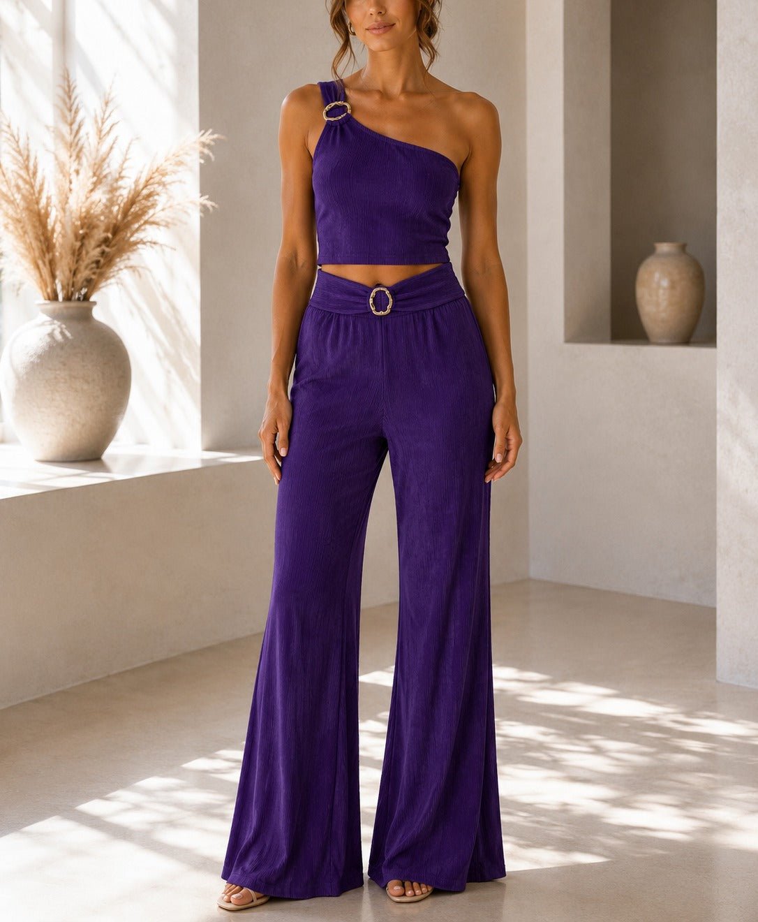 Ladies New Feeling One Shoulder Buckle Detail Two Piece-Purple - StylePhase SA