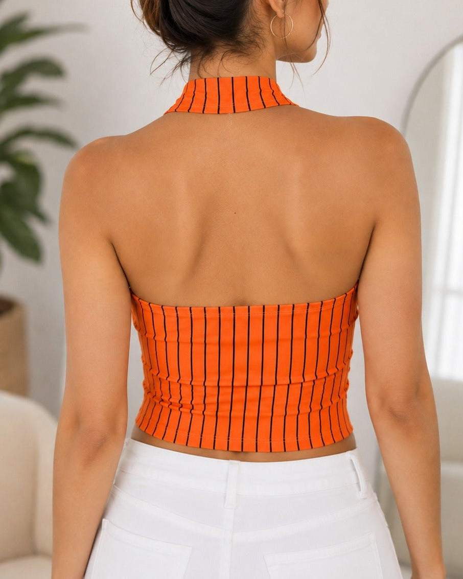 Ladies New Feeling Orange Graphic Halter Neck Top - StylePhase SA