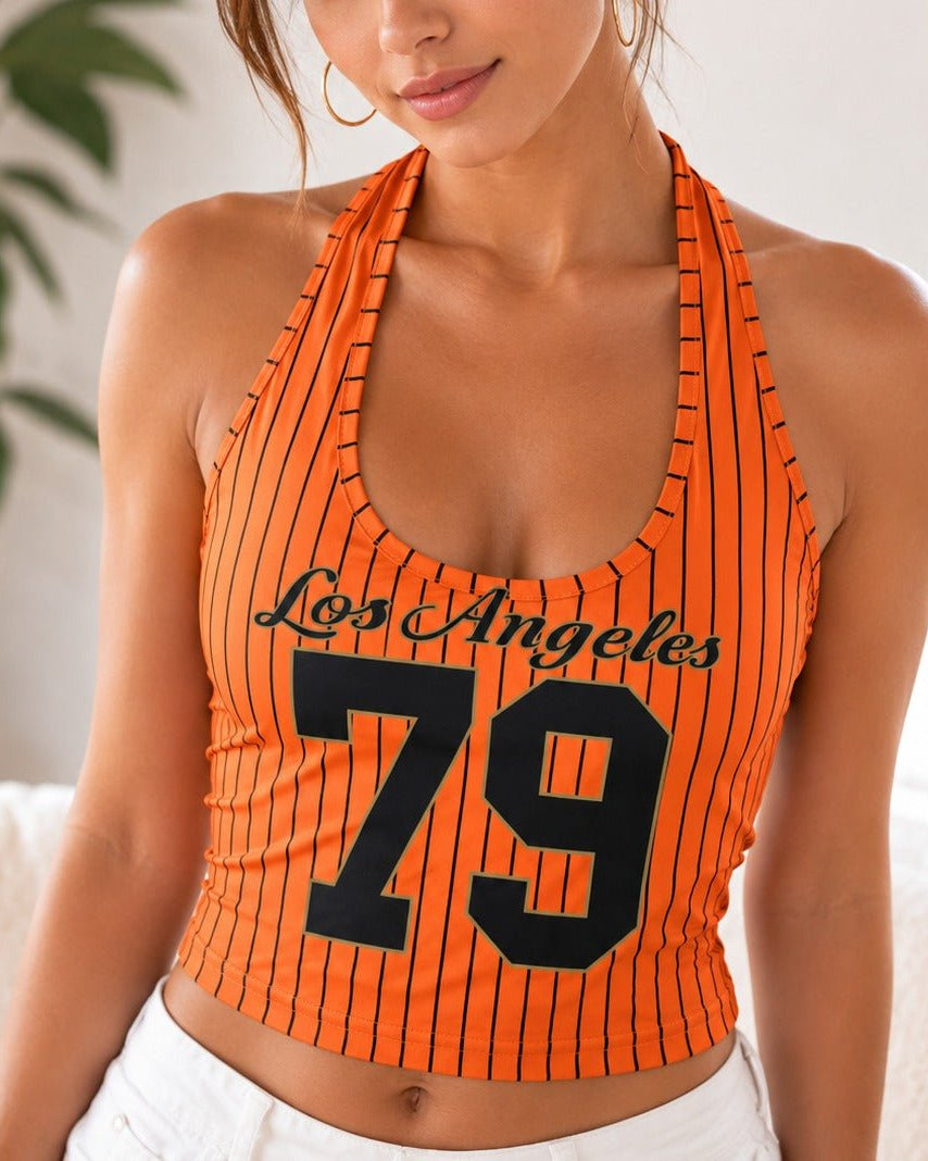 Ladies New Feeling Orange Graphic Halter Neck Top - StylePhase SA