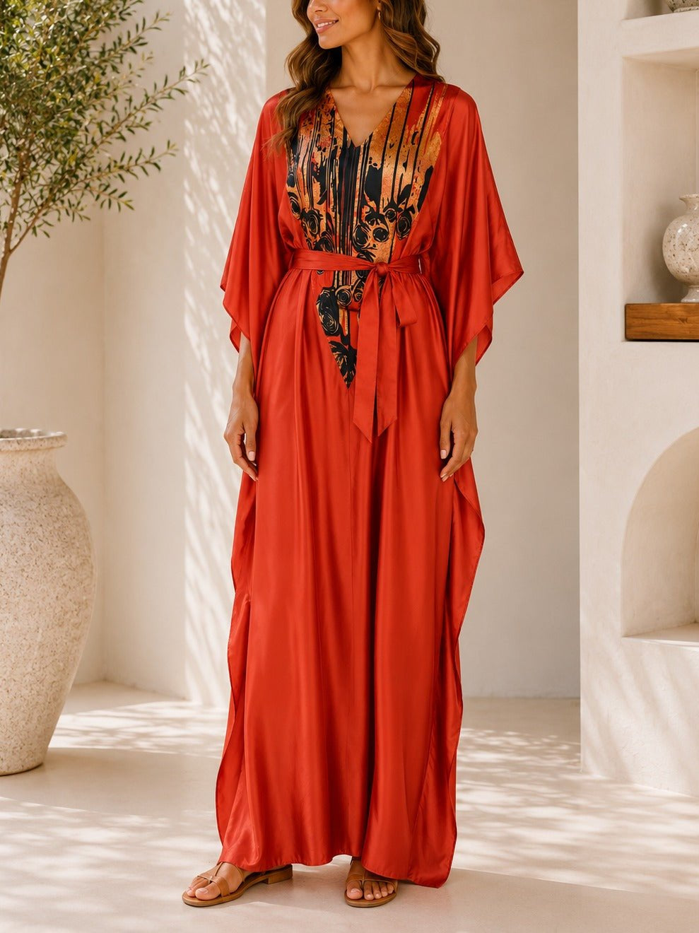 Ladies New Feeling Orange Satin Printed Kaftan - StylePhase SA