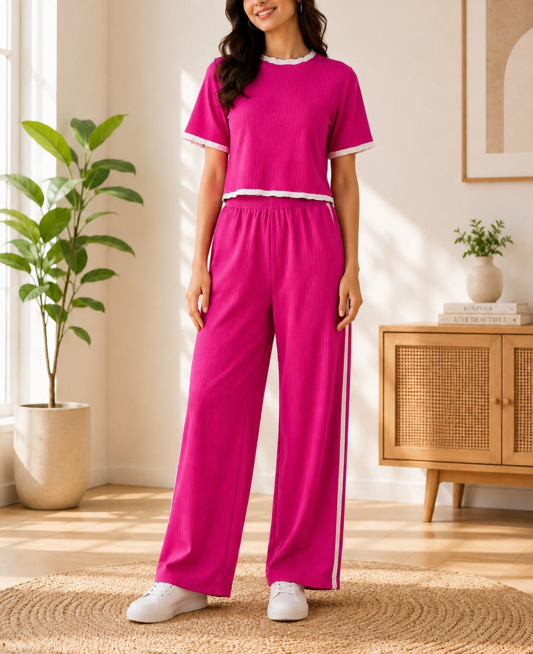 Ladies New Feeling Pink And White Ribbed Set - StylePhase SA