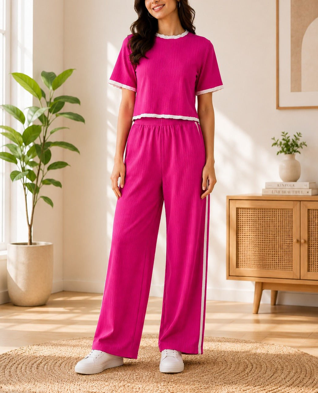 Ladies New Feeling Pink And White Ribbed Set - StylePhase SA