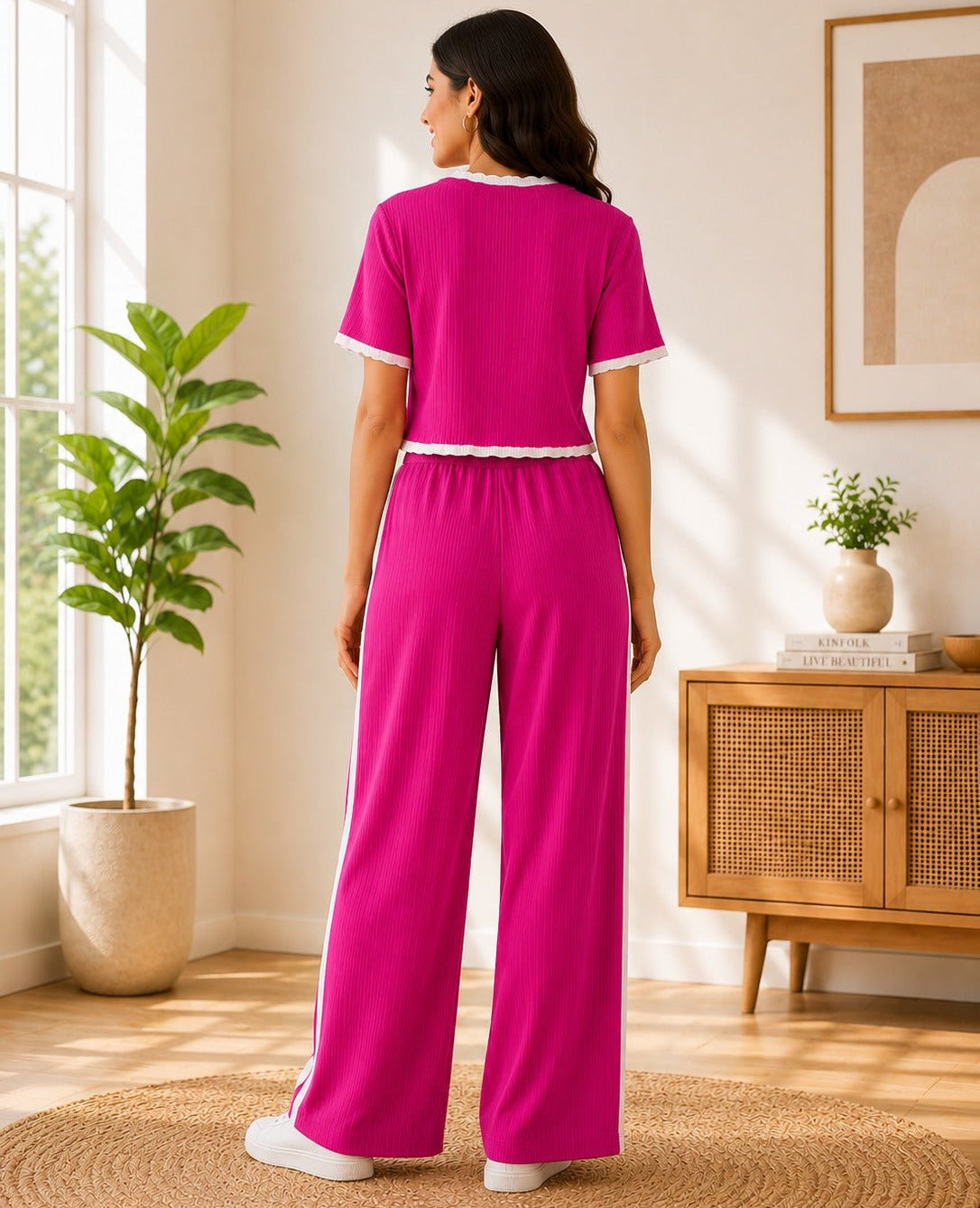Ladies New Feeling Pink And White Ribbed Set - StylePhase SA