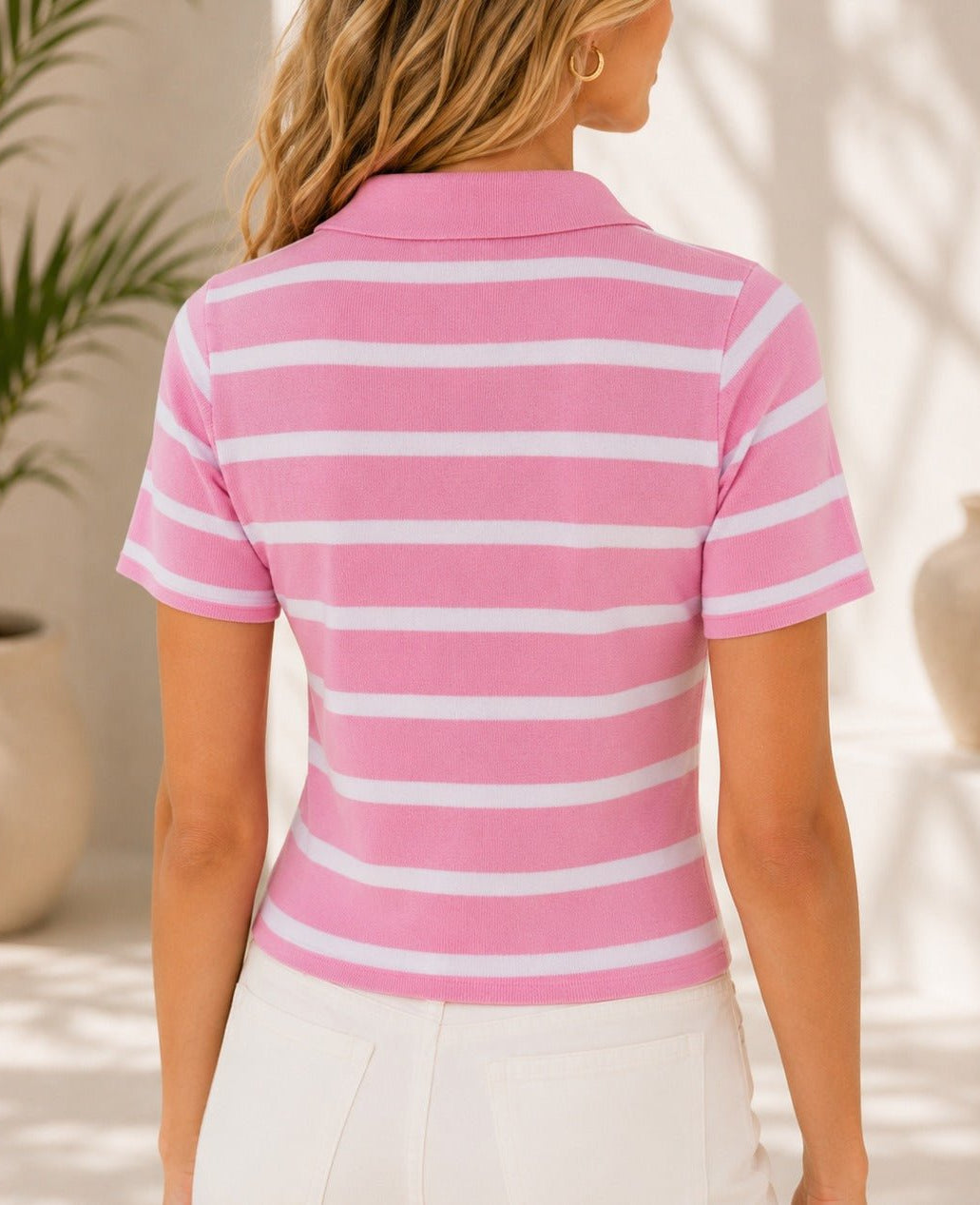 Ladies New Feeling Pink Collar Zip Stripe Top - StylePhase SA