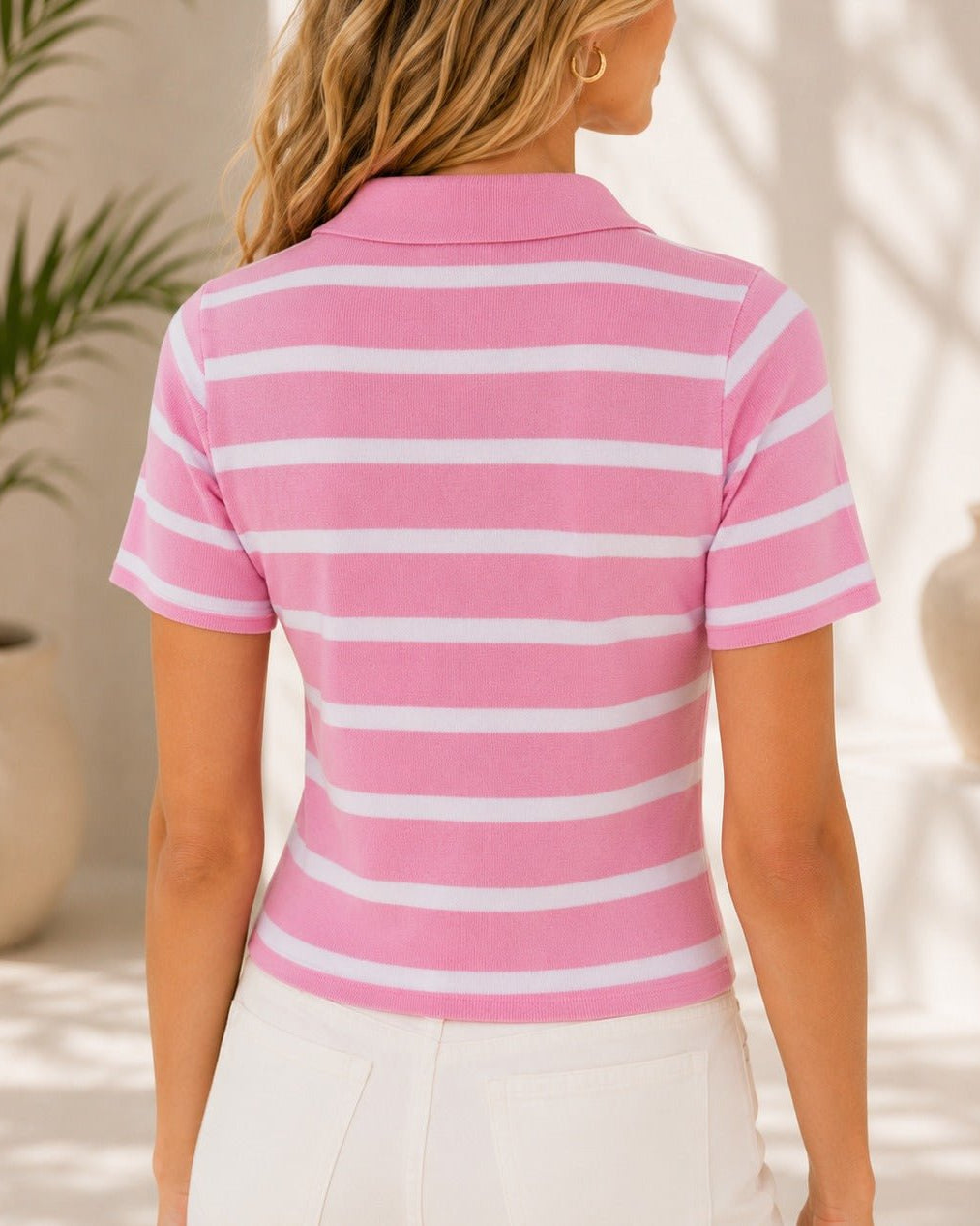 Ladies New Feeling Pink Collar Zip Stripe Top - StylePhase SA