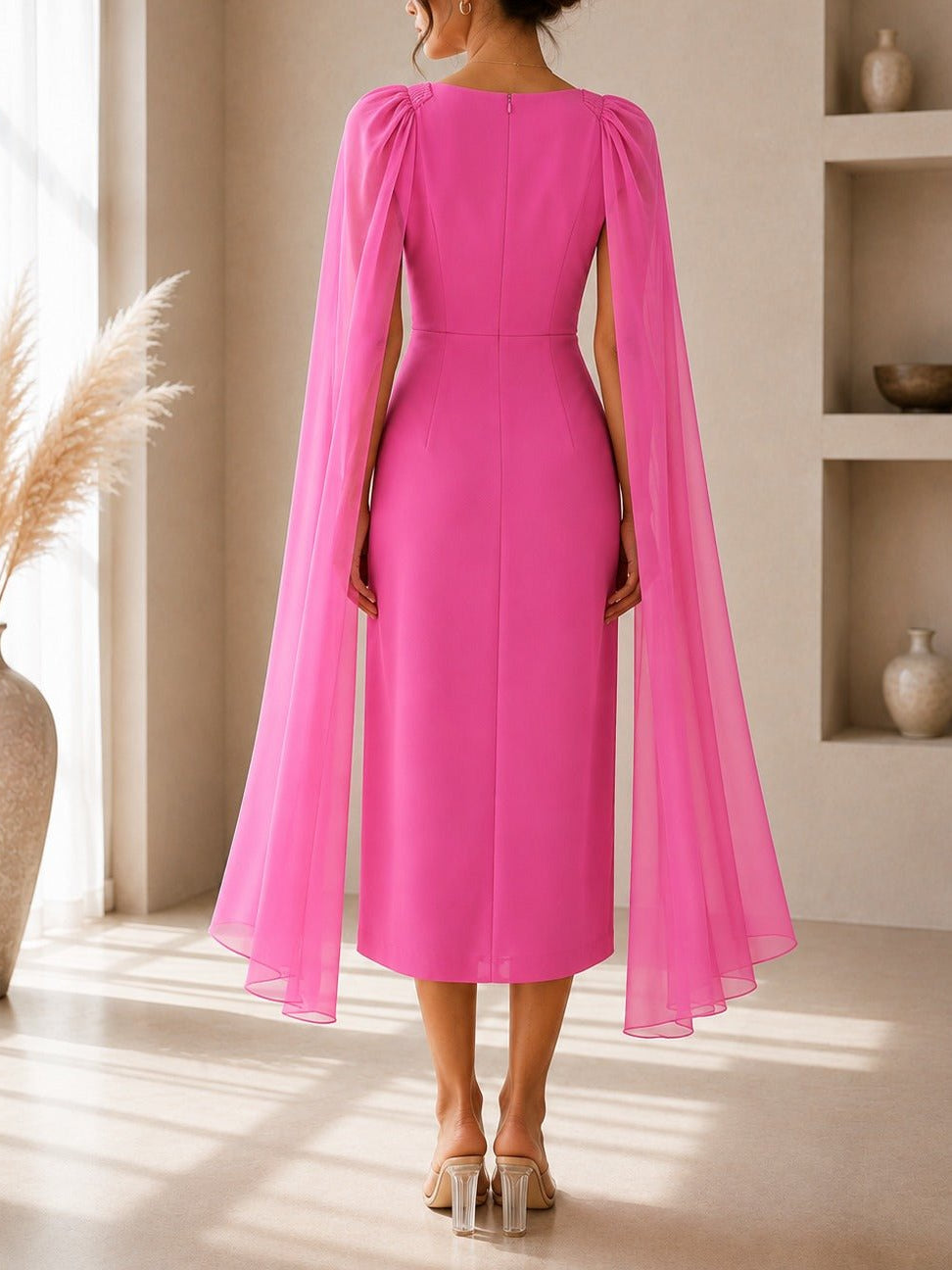 Ladies New Feeling Pink Rose Cape Sleeve Dress - StylePhase SA