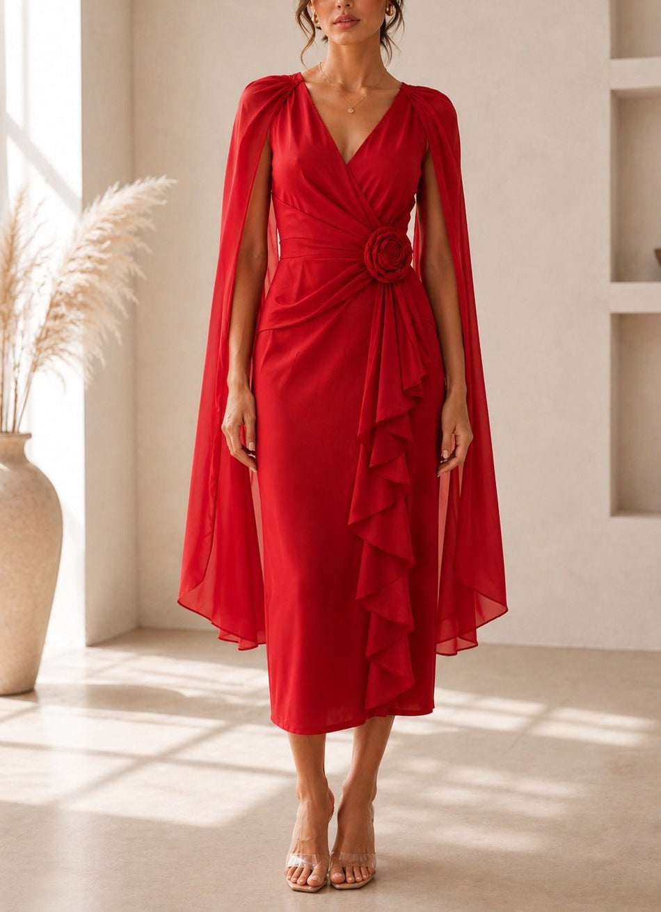 Ladies New Feeling Red Rose Cape Sleeve Dress - StylePhase SA
