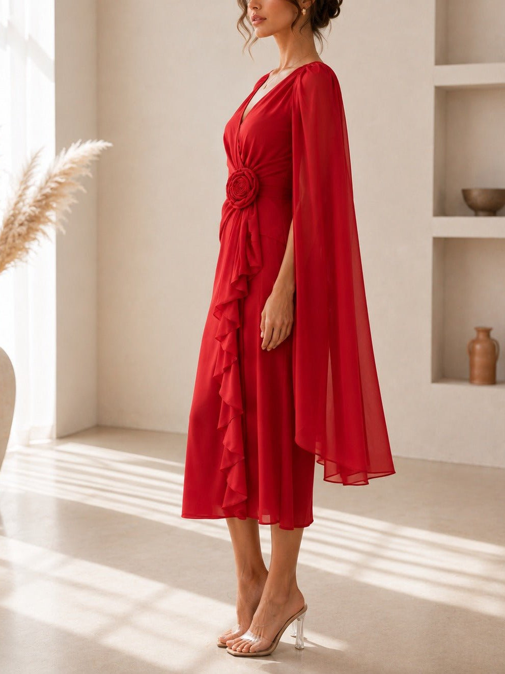 Ladies New Feeling Red Rose Cape Sleeve Dress - StylePhase SA