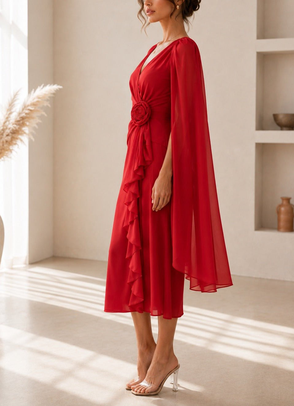 Ladies New Feeling Red Rose Cape Sleeve Dress - StylePhase SA
