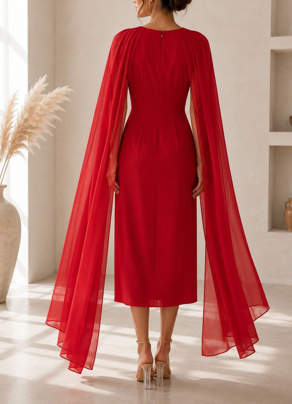 Ladies New Feeling Red Rose Cape Sleeve Dress - StylePhase SA