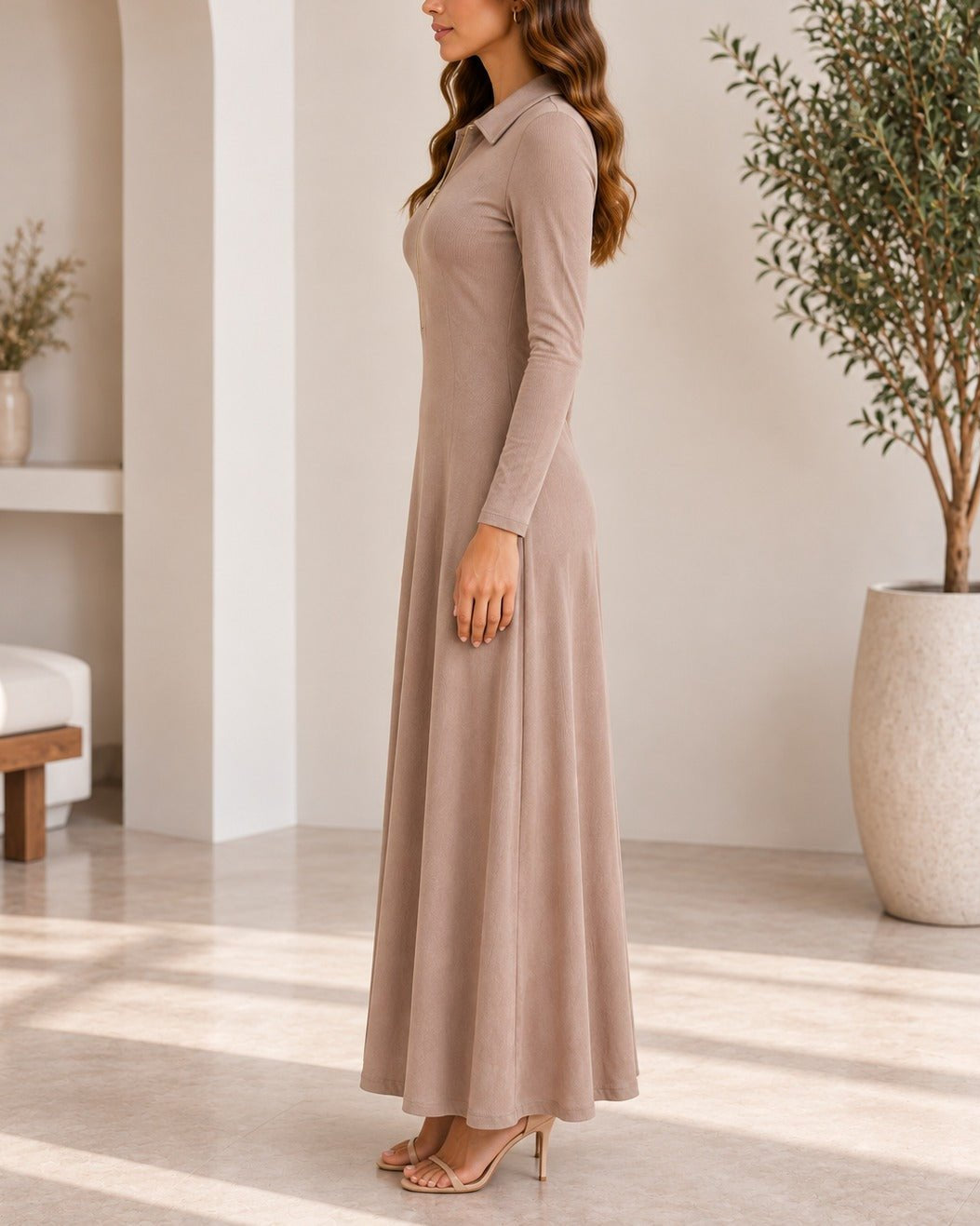 Ladies New Feeling Rib Zip Front Dress- Beige - StylePhase SA