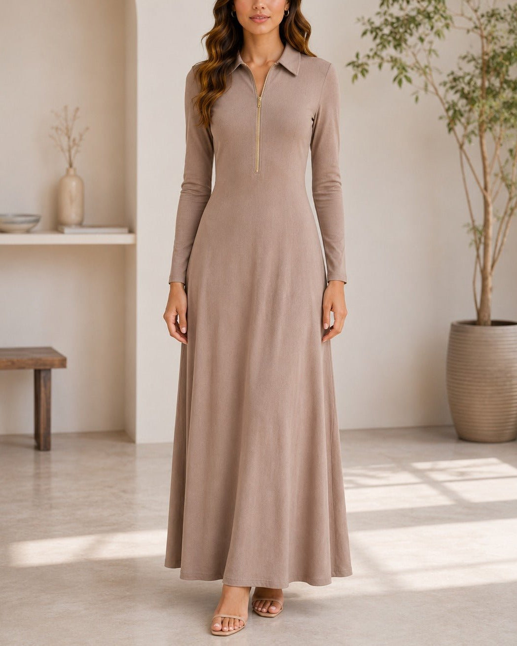 Ladies New Feeling Rib Zip Front Dress- Beige - StylePhase SA
